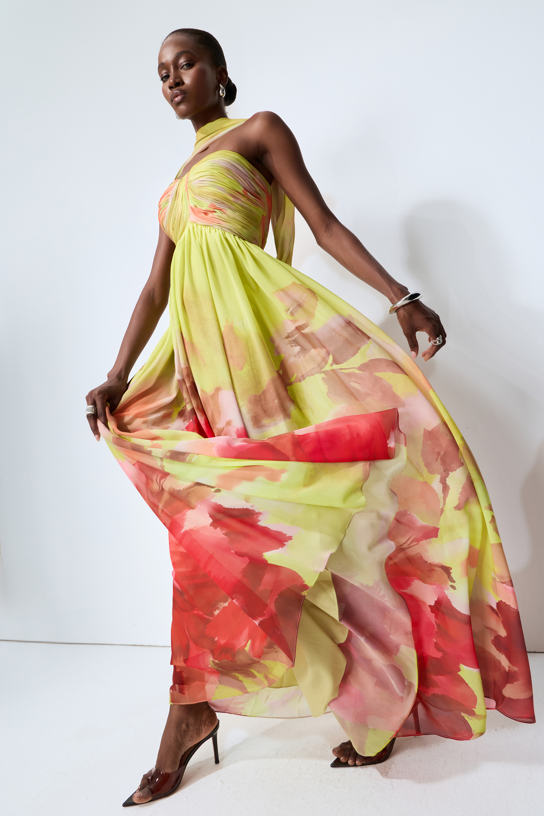 Truly Extraordinary Multi Floral Print Chiffon Maxi Dress with Scarf