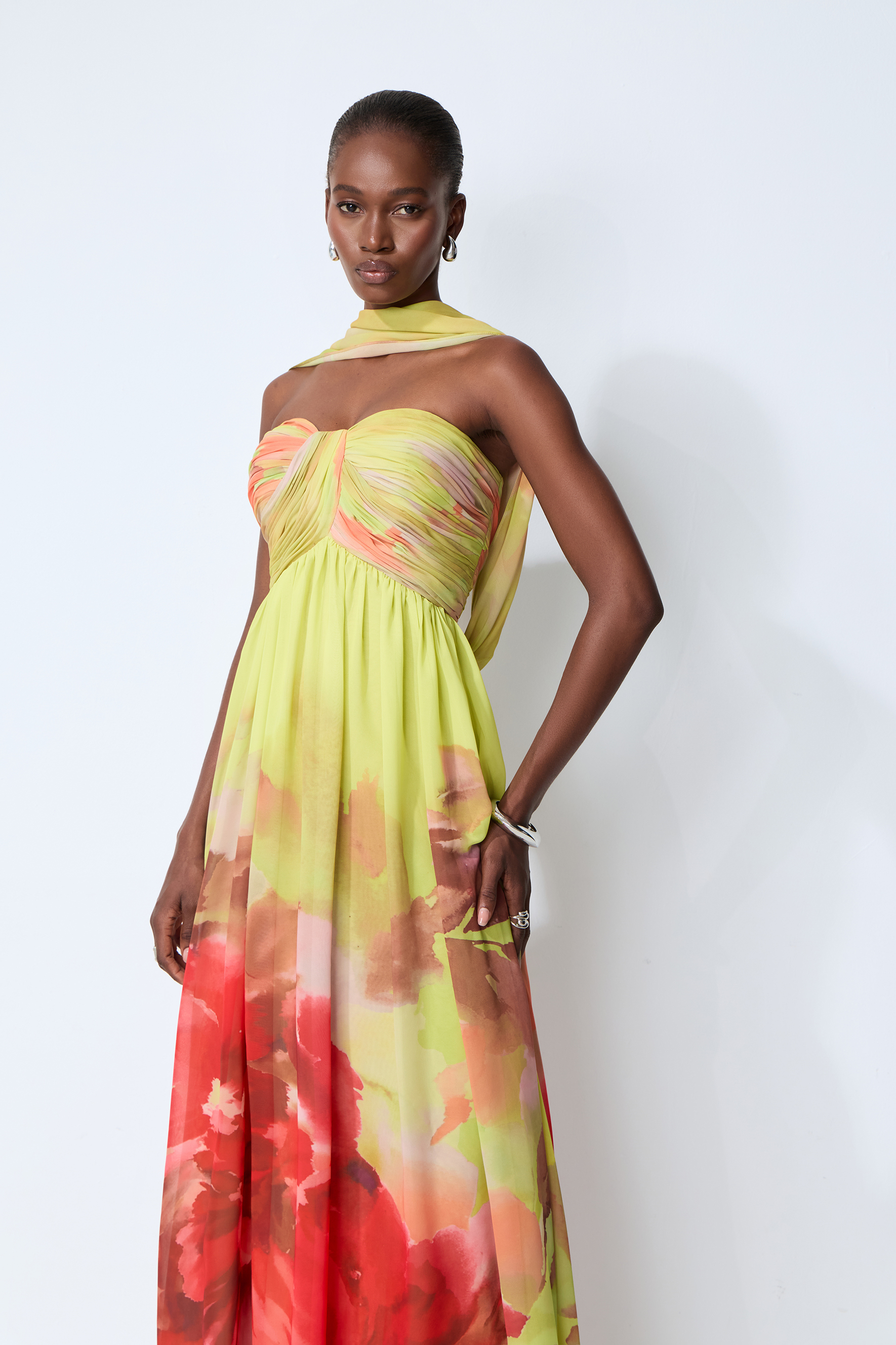 Truly Extraordinary Multi Floral Print Chiffon Maxi Dress with Scarf
