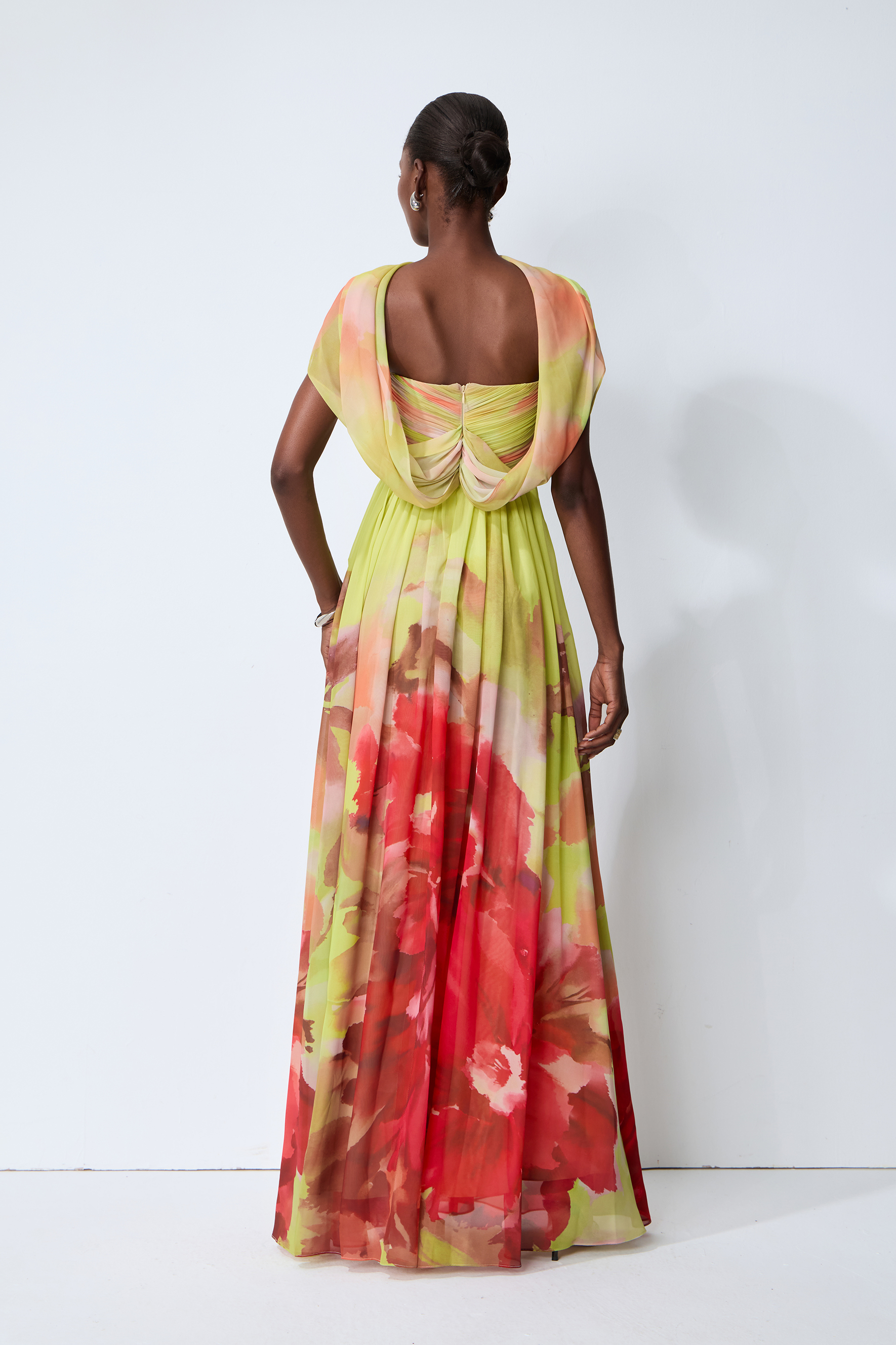 Truly Extraordinary Multi Floral Print Chiffon Maxi Dress with Scarf