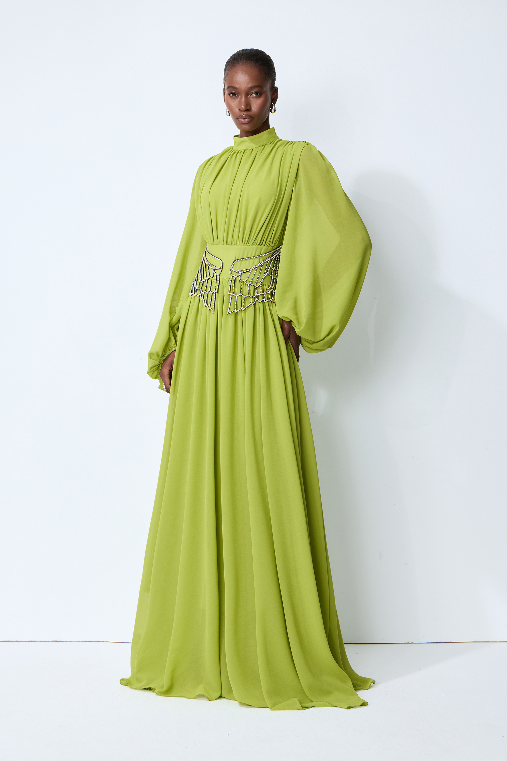 Elegant Dream Puff Sleeve Rhinestone Embellished Maxi Dress
