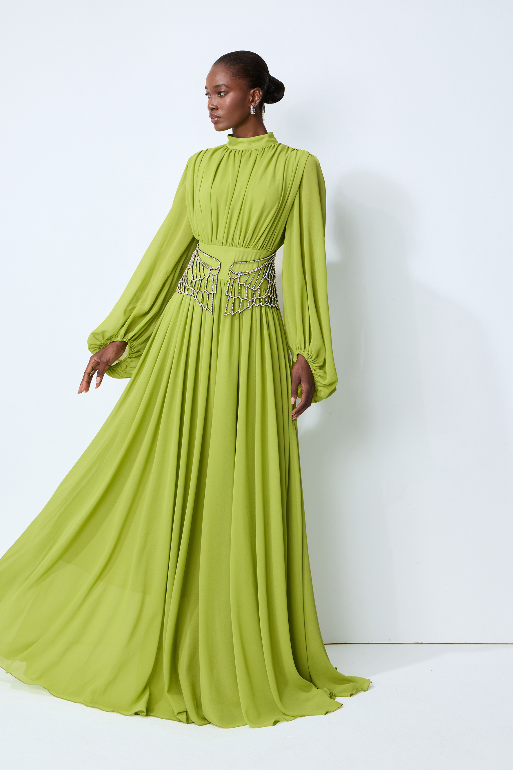 Elegant Dream Puff Sleeve Rhinestone Embellished Maxi Dress