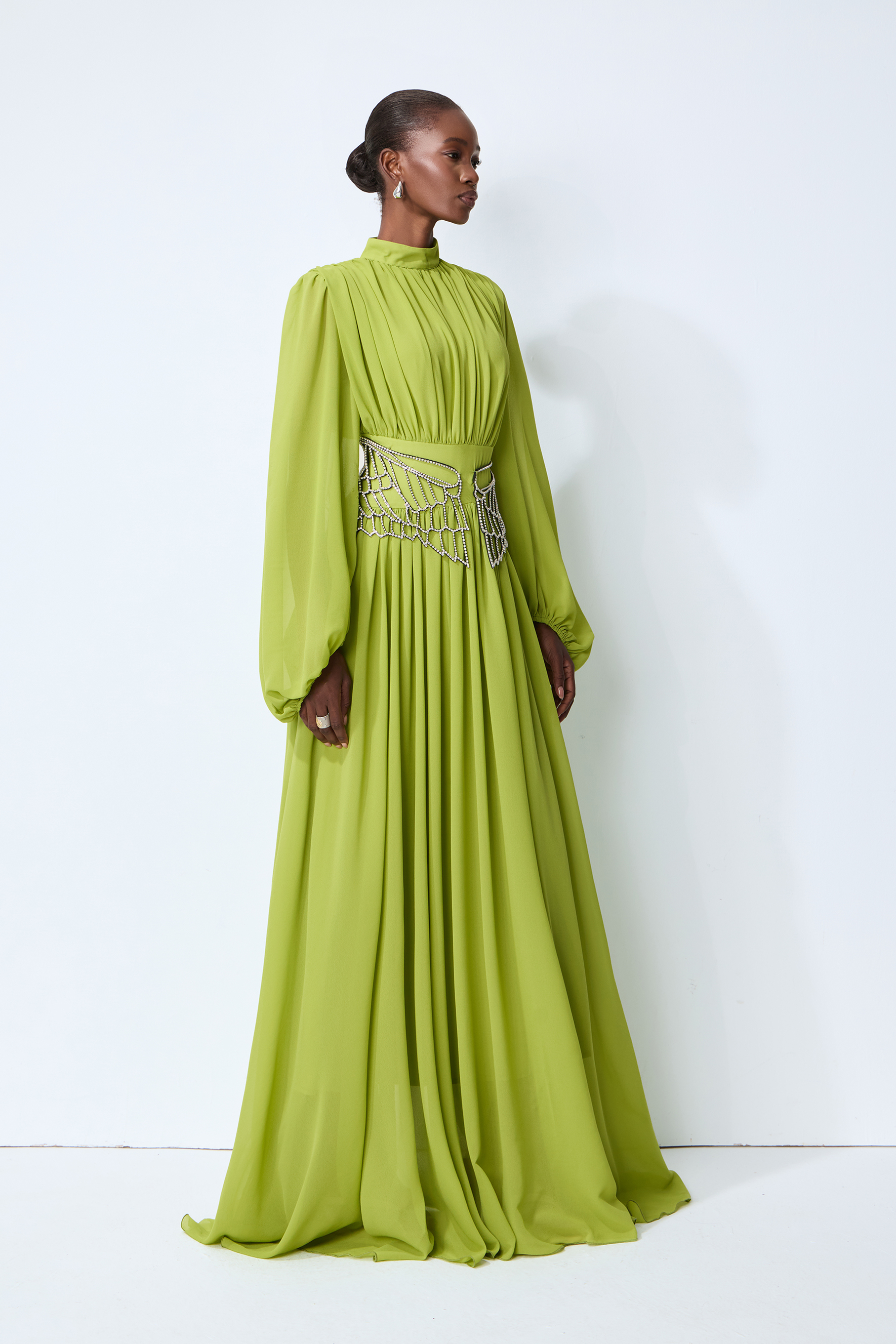 Elegant Dream Puff Sleeve Rhinestone Embellished Maxi Dress