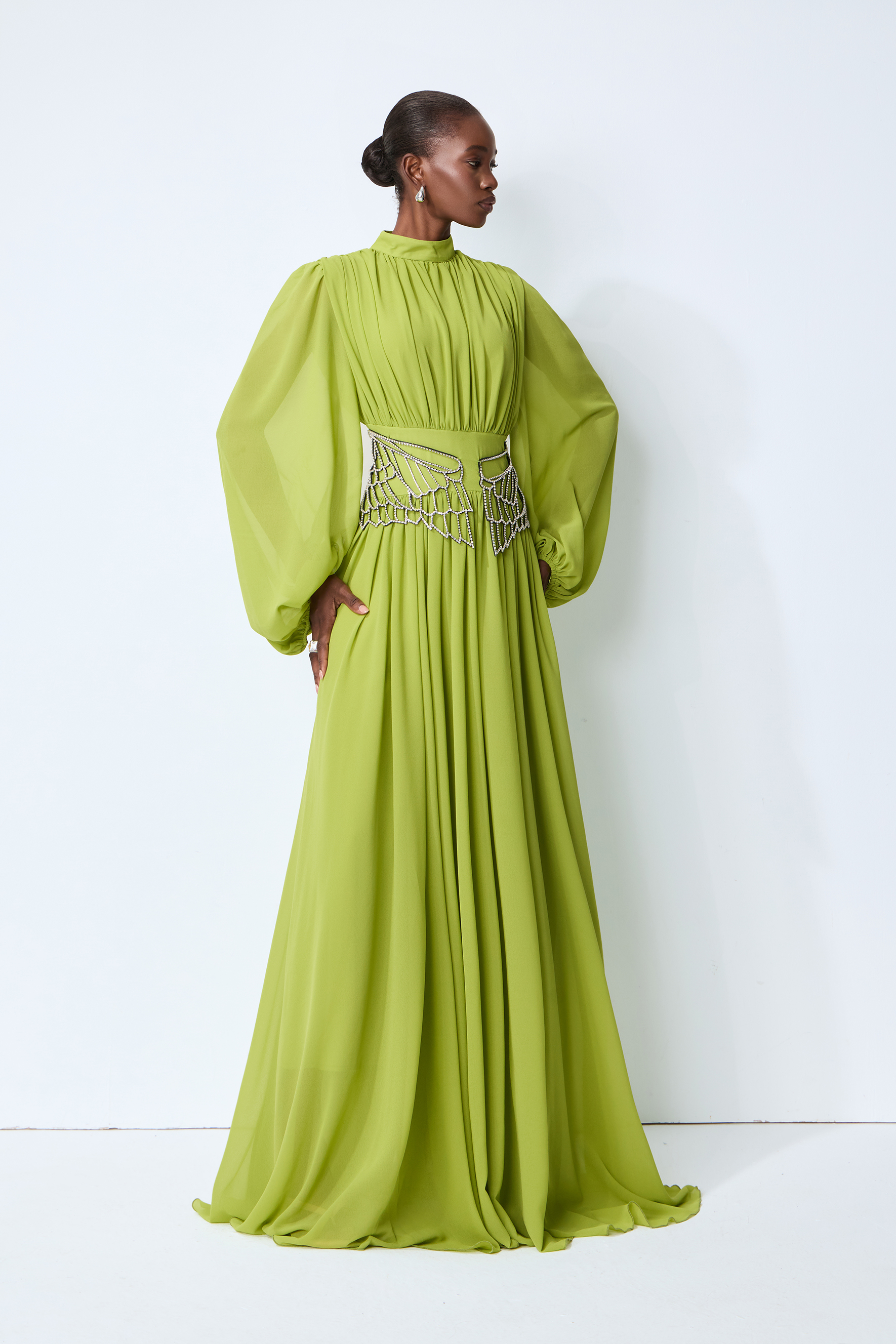 Elegant Dream Puff Sleeve Rhinestone Embellished Maxi Dress