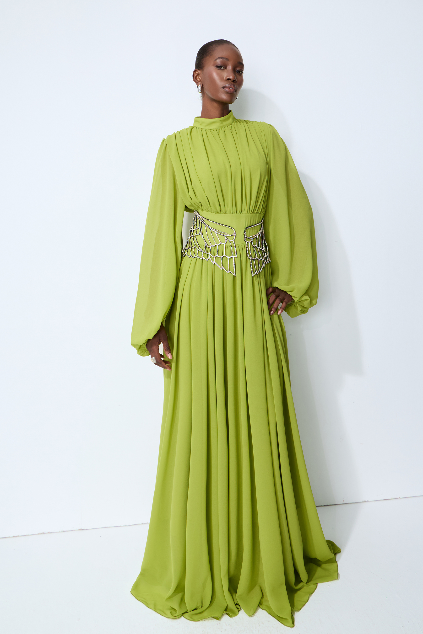 Elegant Dream Puff Sleeve Rhinestone Embellished Maxi Dress
