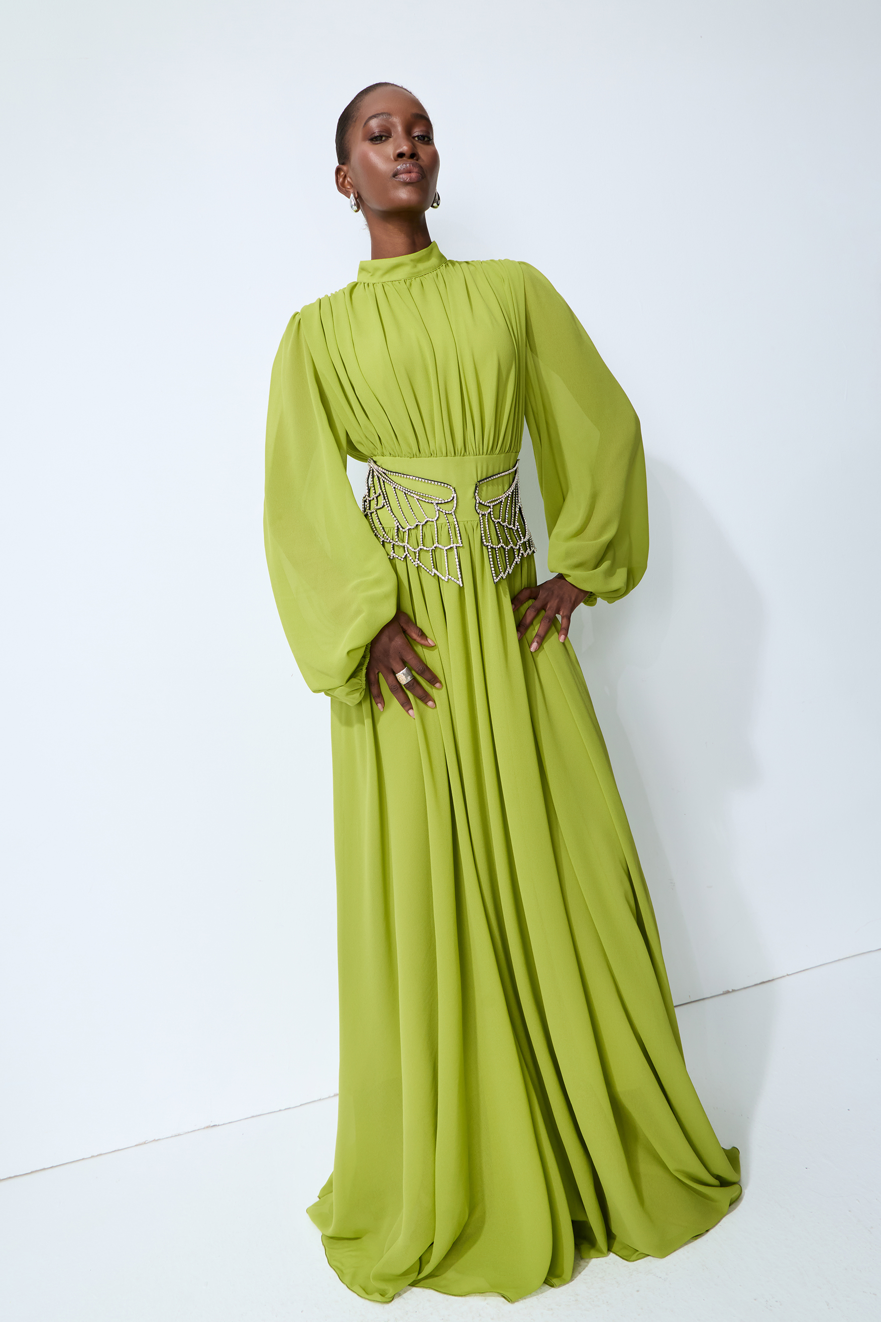 Elegant Dream Puff Sleeve Rhinestone Embellished Maxi Dress