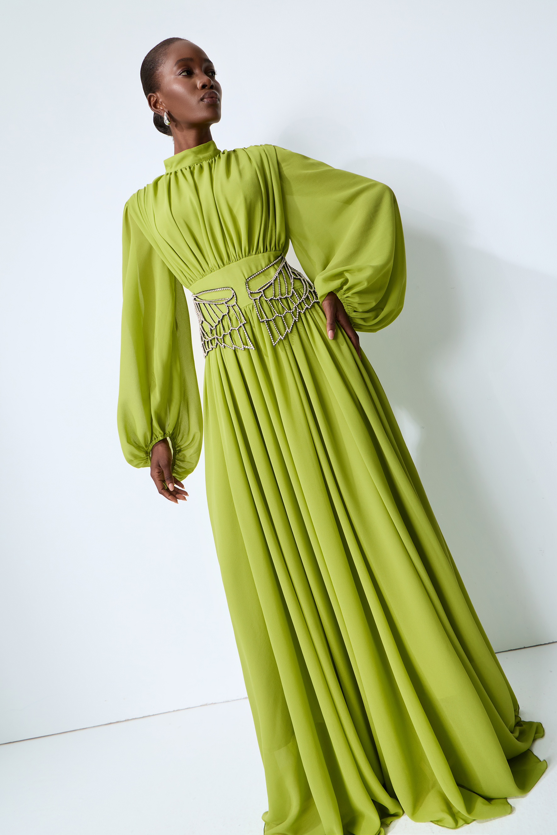 Elegant Dream Puff Sleeve Rhinestone Embellished Maxi Dress