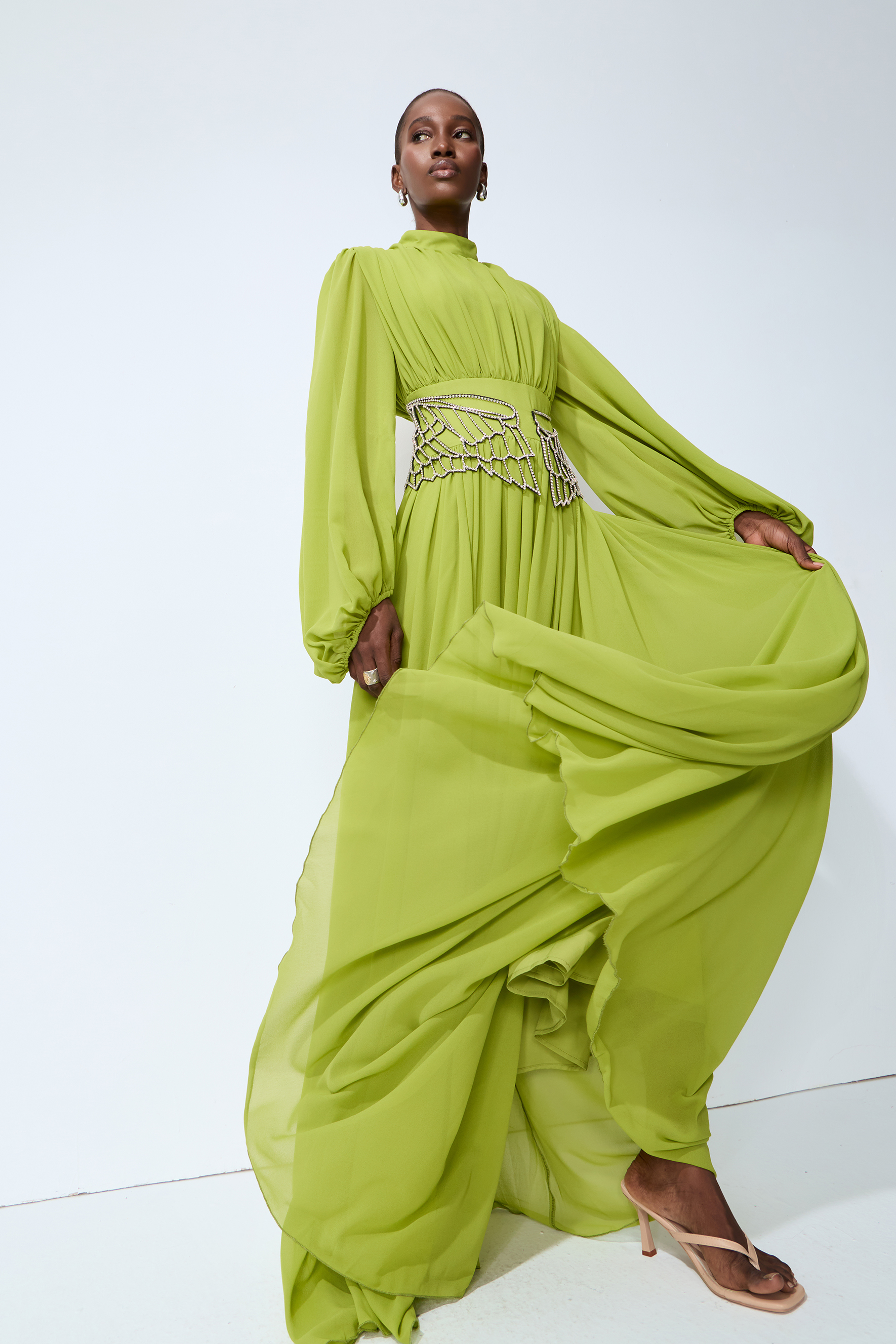 Elegant Dream Puff Sleeve Rhinestone Embellished Maxi Dress