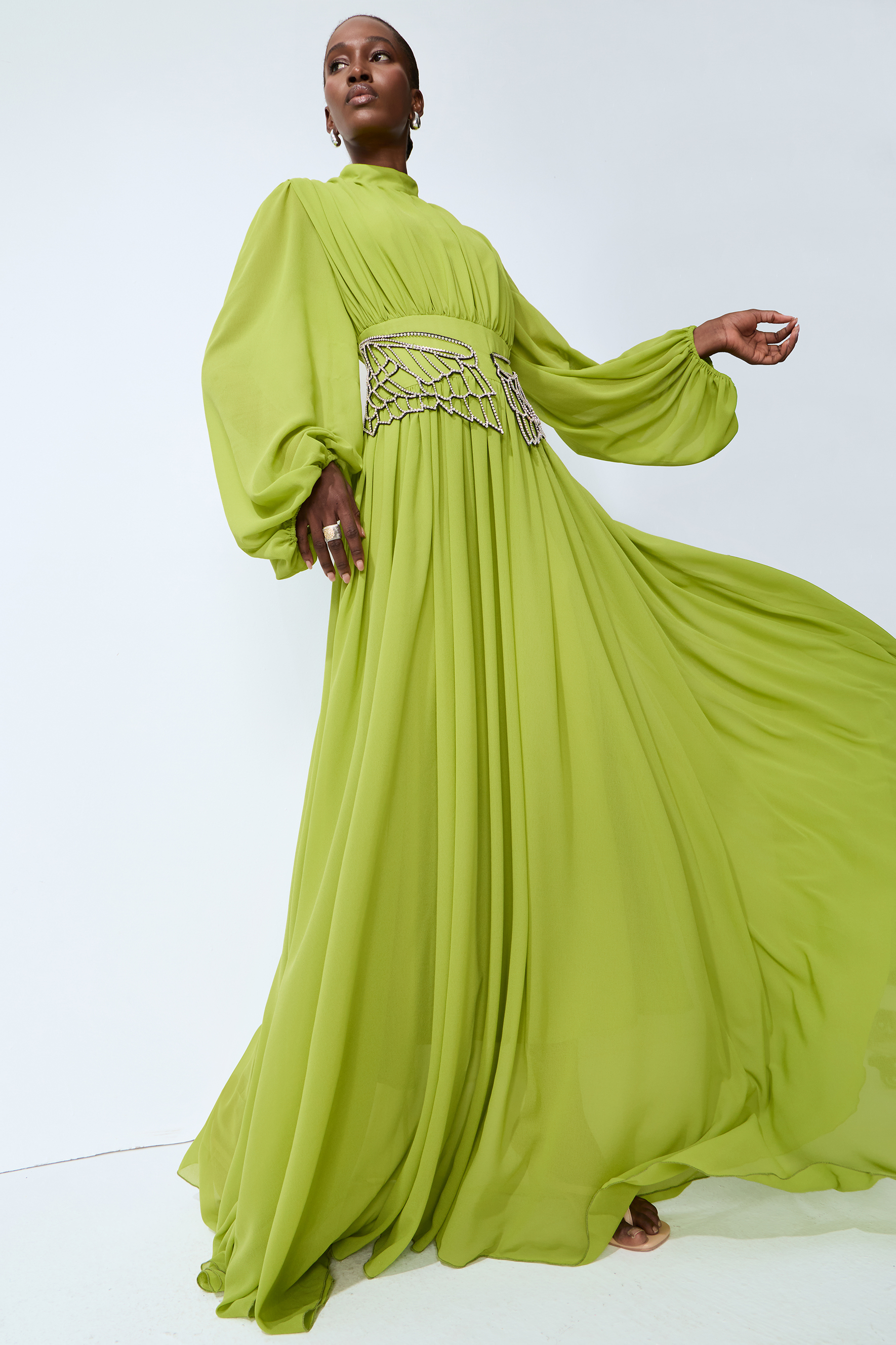 Elegant Dream Puff Sleeve Rhinestone Embellished Maxi Dress