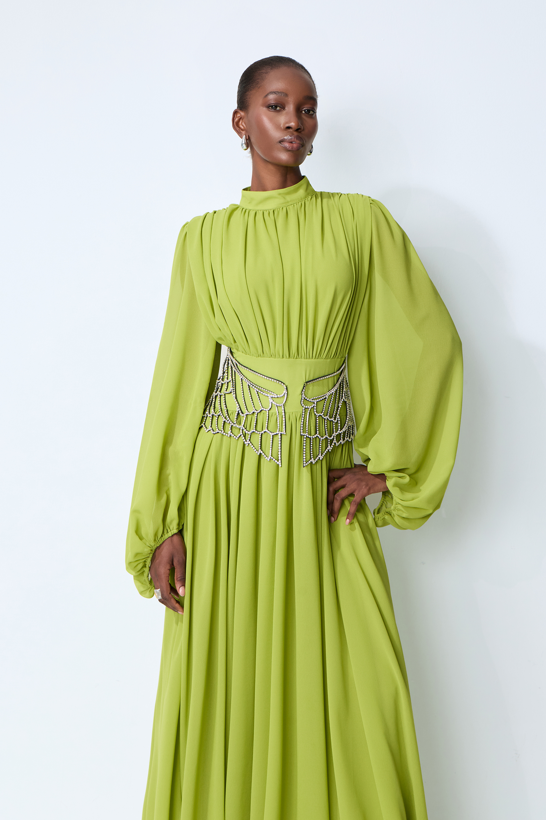 Elegant Dream Puff Sleeve Rhinestone Embellished Maxi Dress