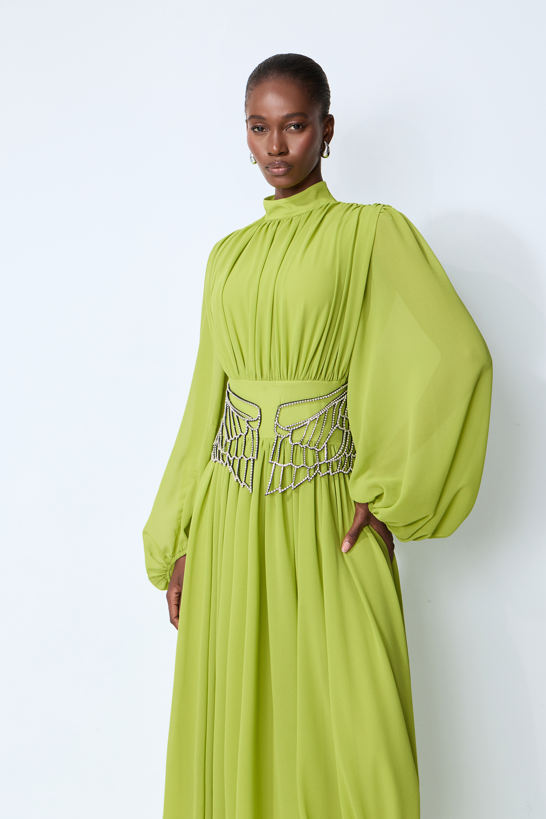 Elegant Dream Puff Sleeve Rhinestone Embellished Maxi Dress