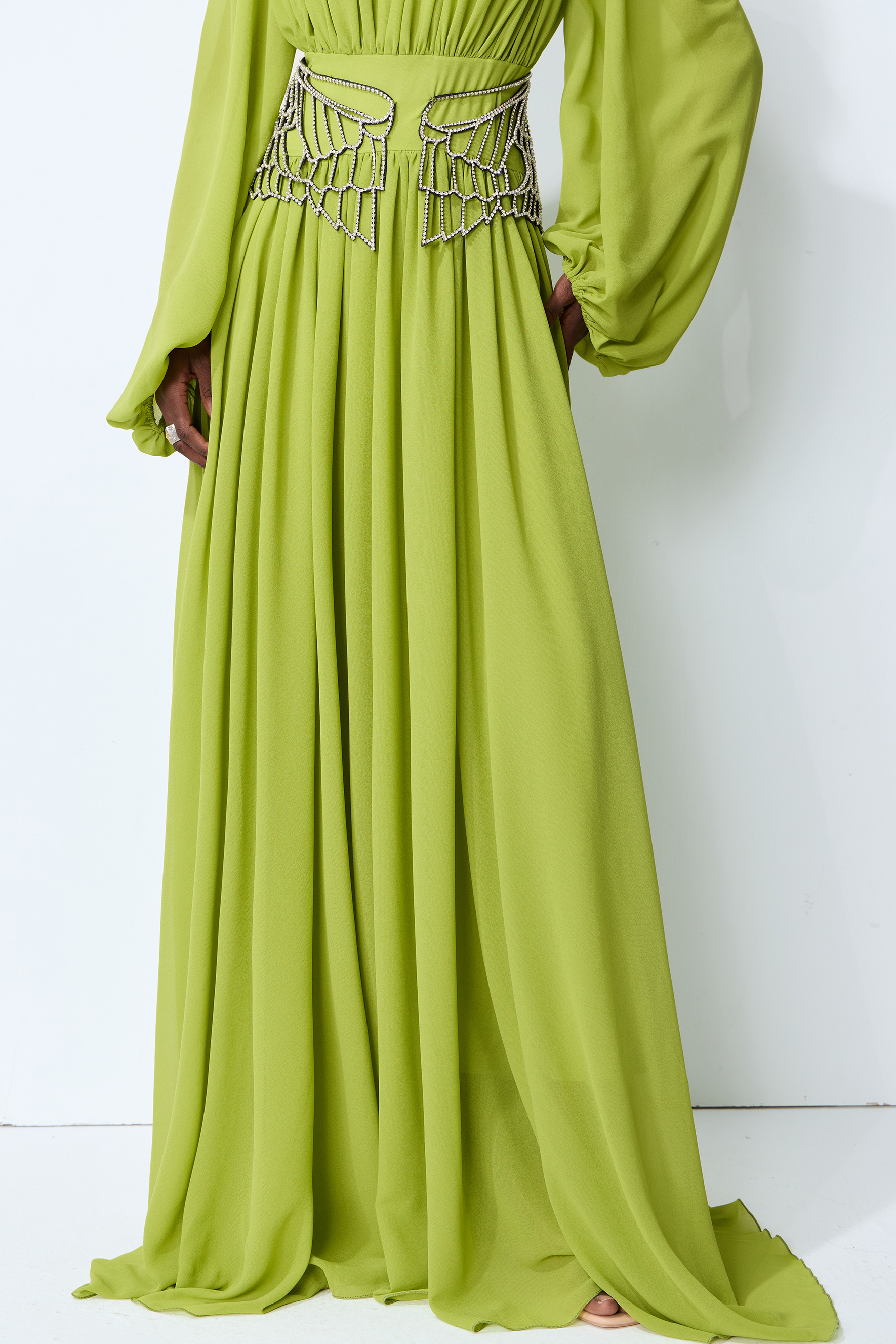 Elegant Dream Puff Sleeve Rhinestone Embellished Maxi Dress