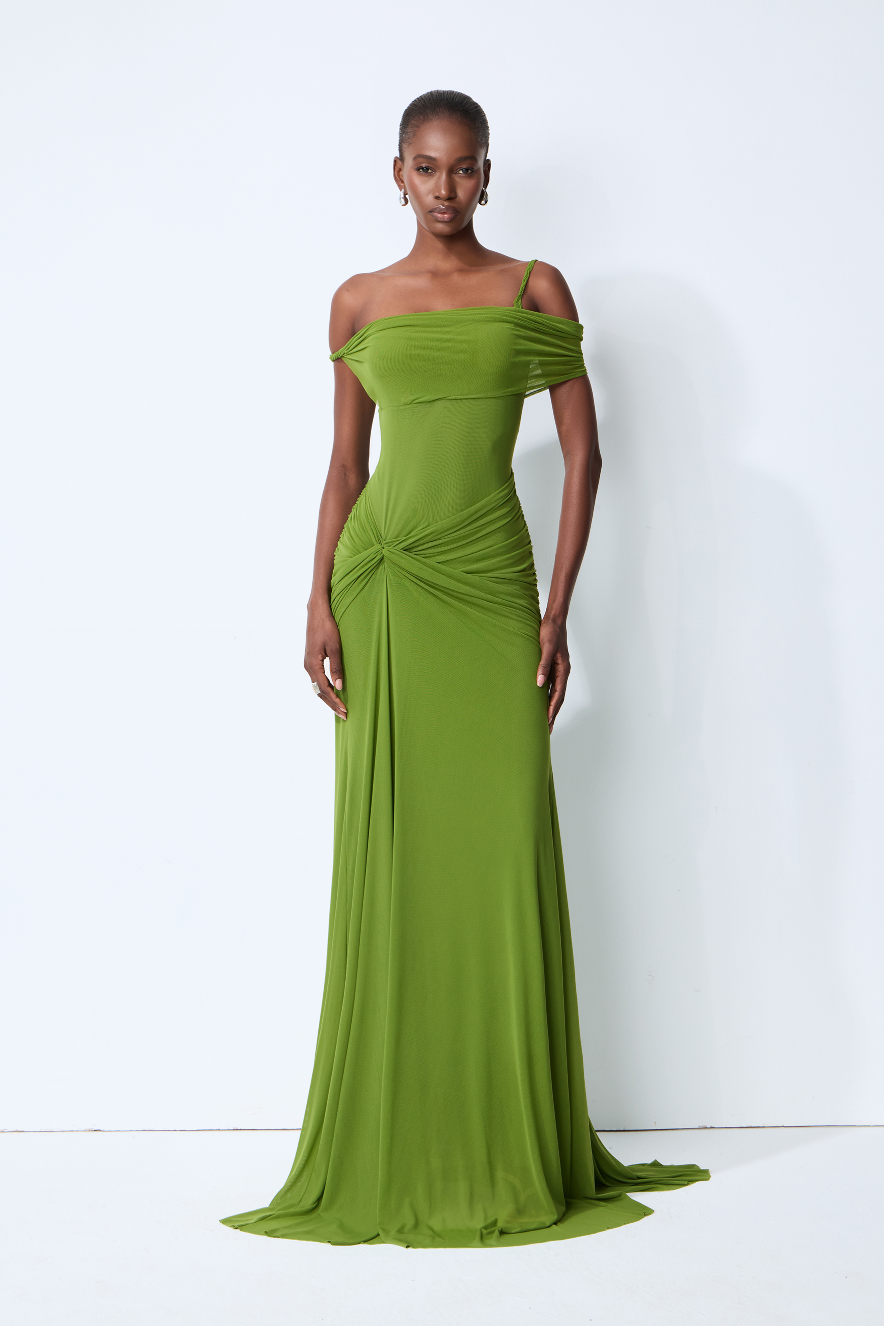 Date Me Darling Olive Asymmetric Off Shoulder Maxi Dress