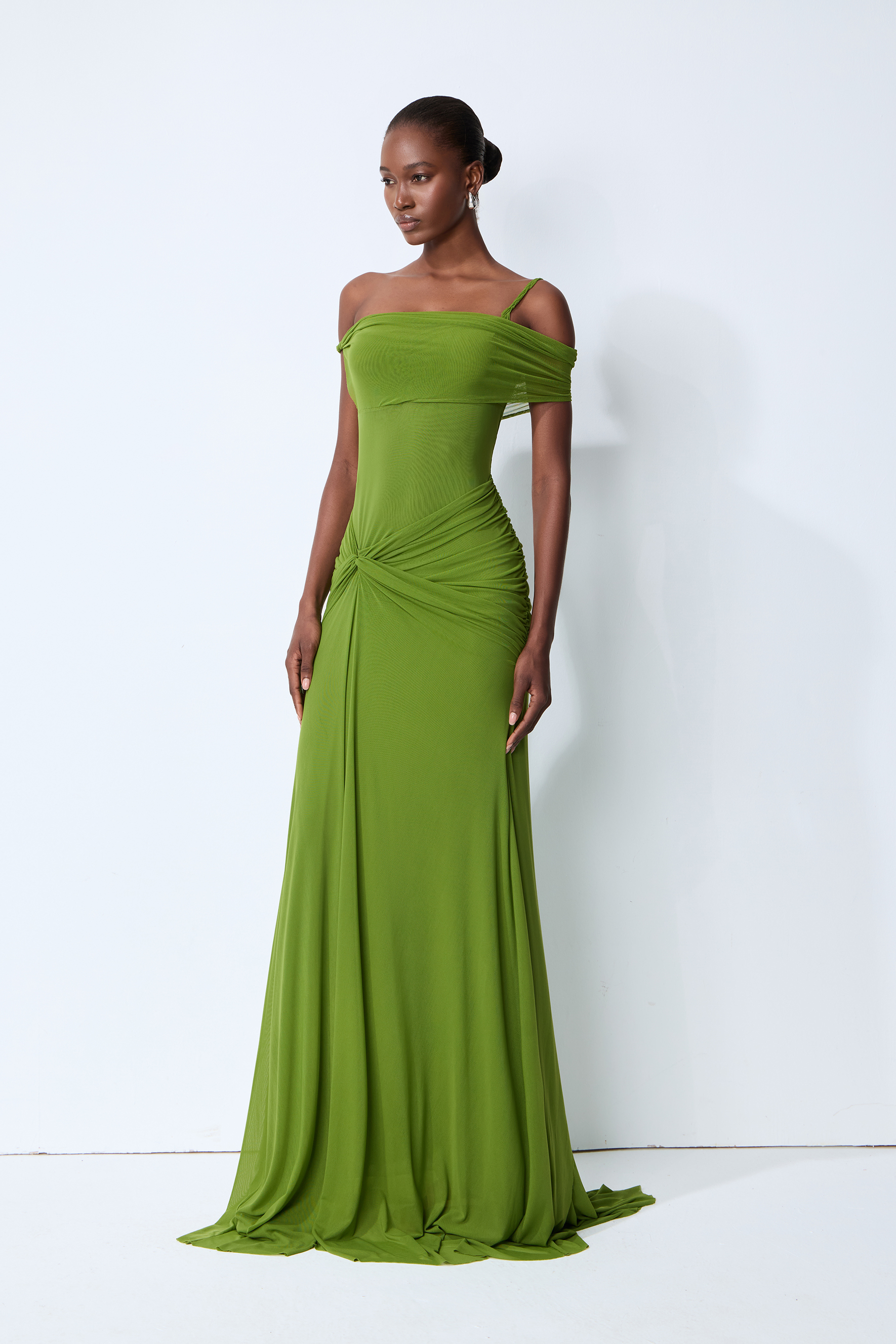 Olive Asymmetric Off Shoulder Maxi Dress | Sunfere – sunfere