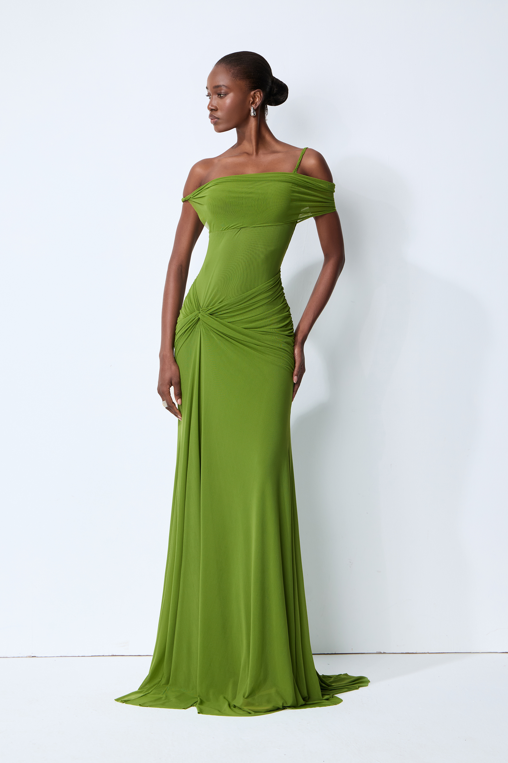 Date Me Darling Olive Asymmetric Off Shoulder Maxi Dress