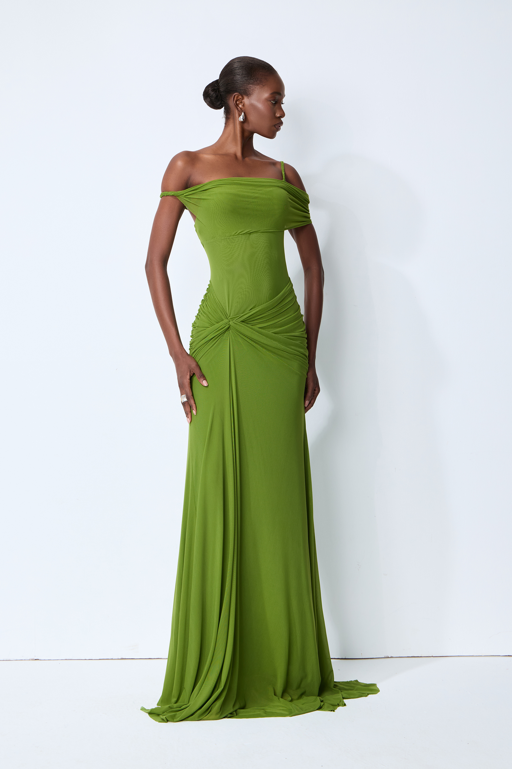 Date Me Darling Olive Asymmetric Off Shoulder Maxi Dress