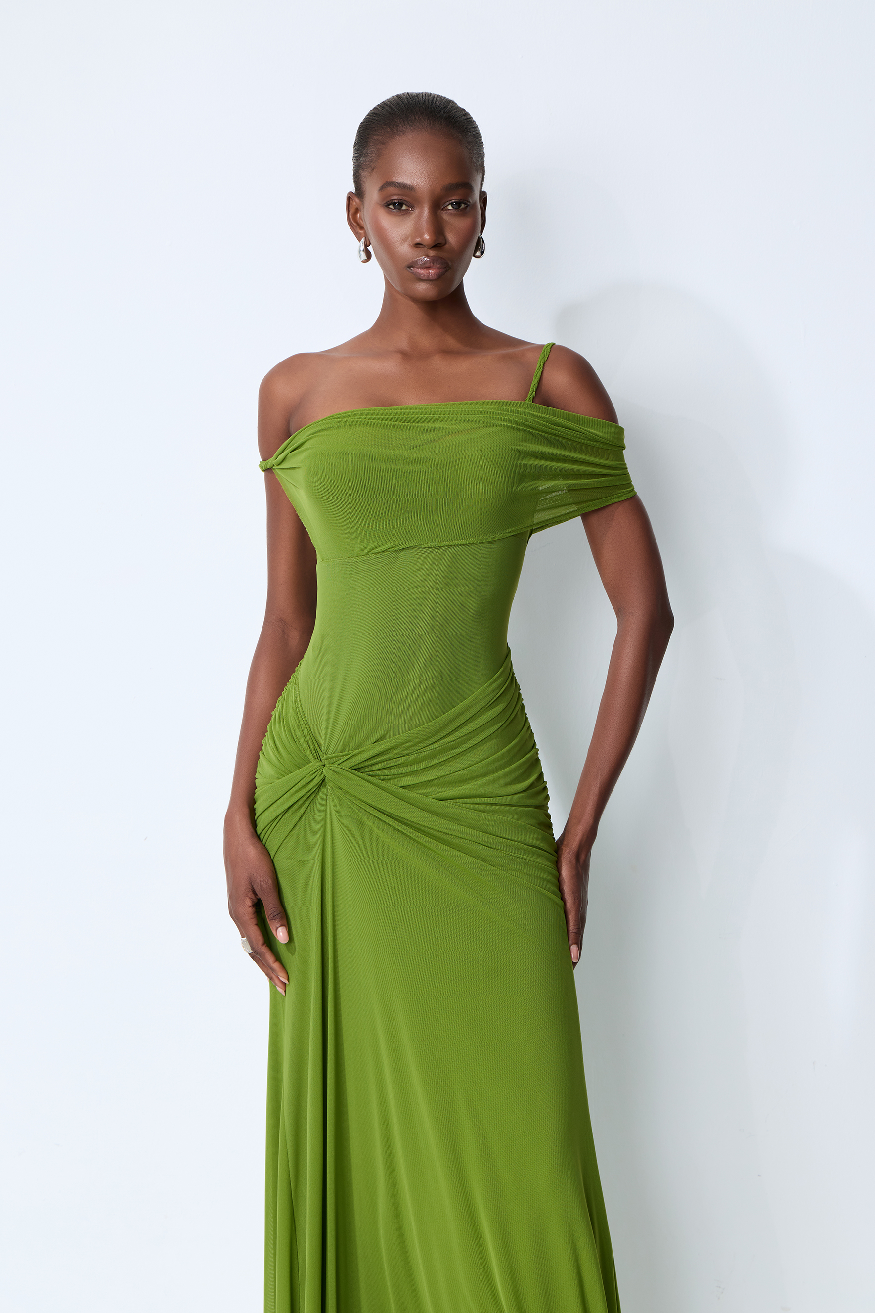 Date Me Darling Olive Asymmetric Off Shoulder Maxi Dress