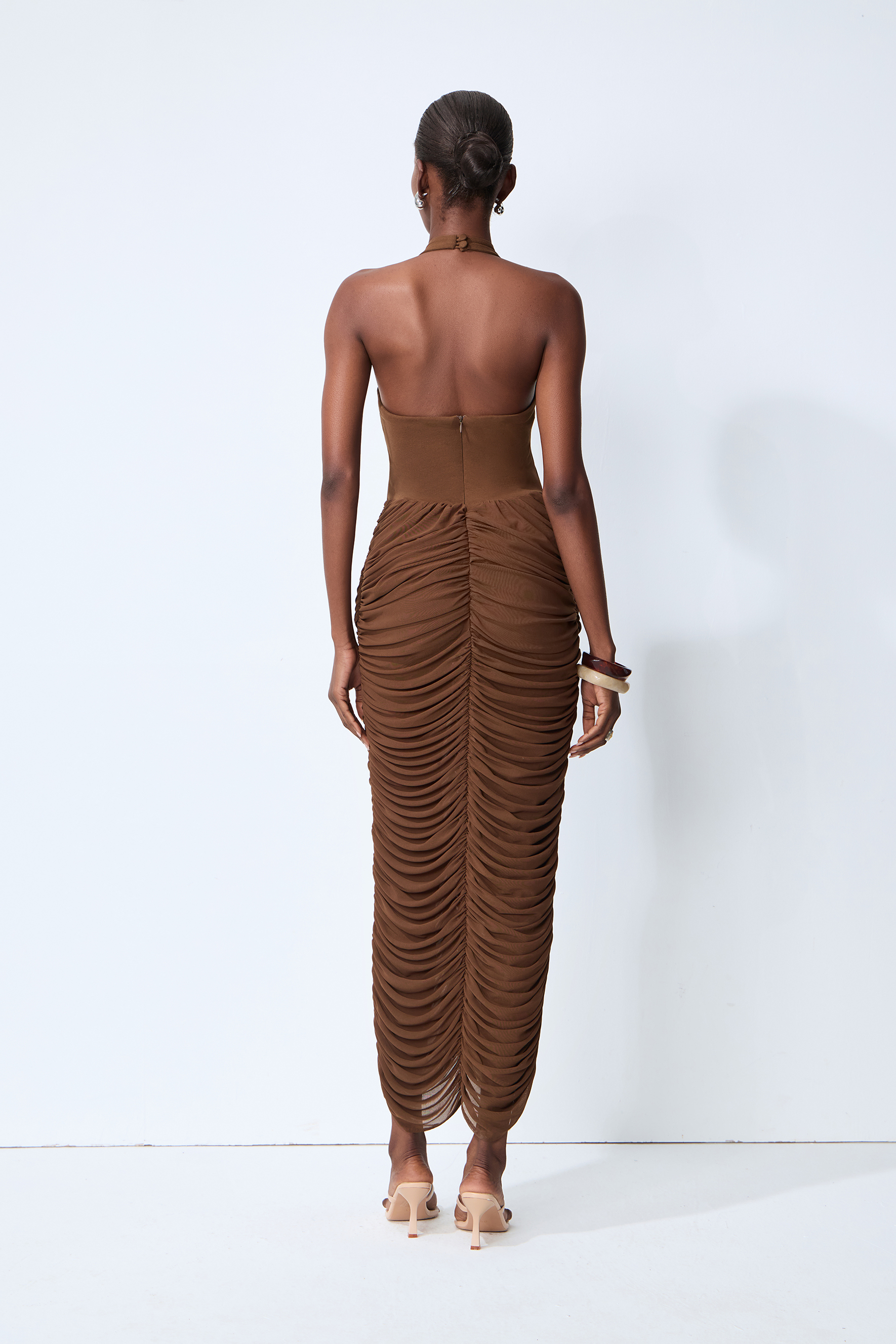 Compliment Me Brown Deep V Neck Ruched Maxi Dress