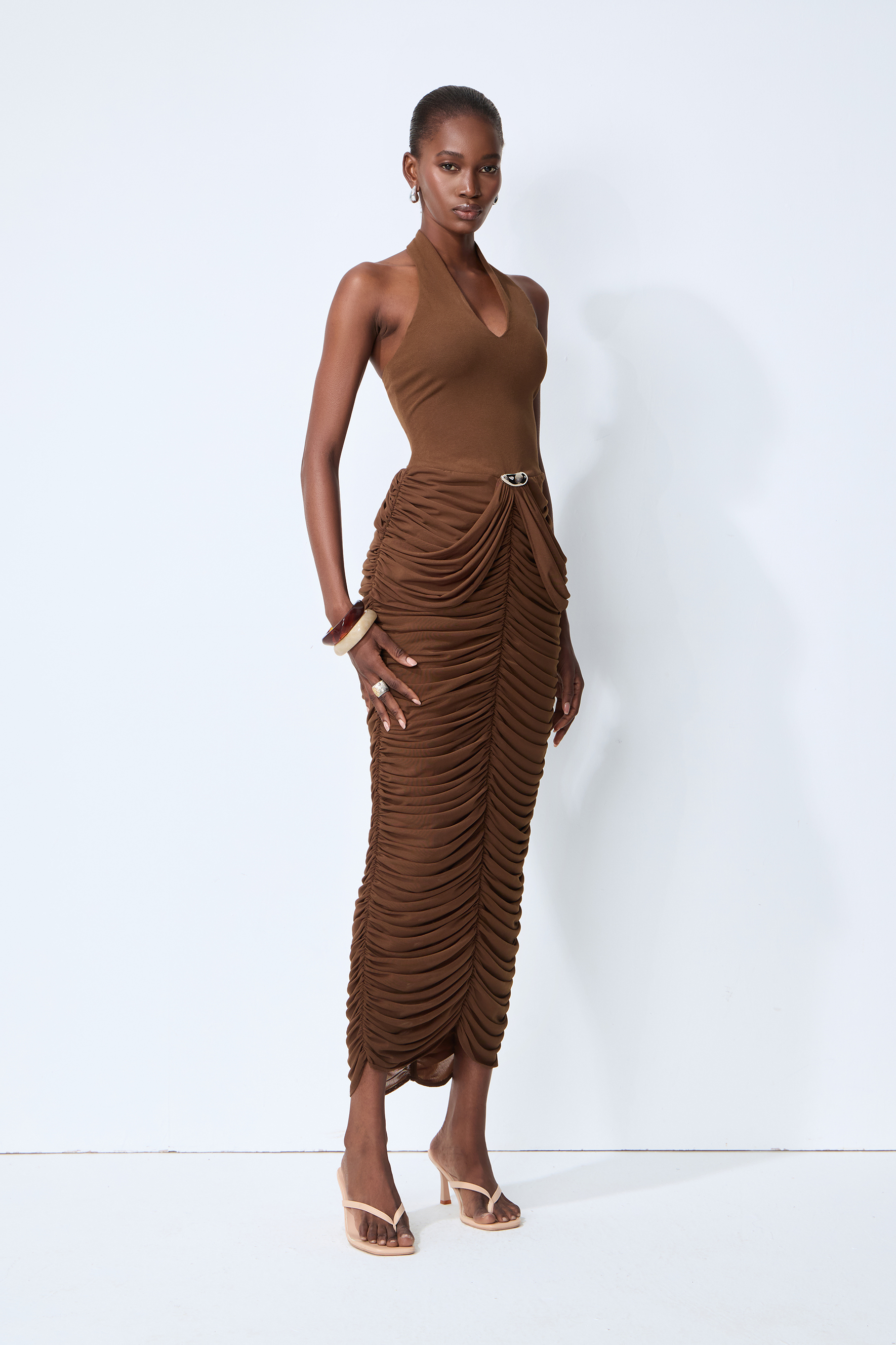 Compliment Me Brown Deep V Neck Ruched Maxi Dress