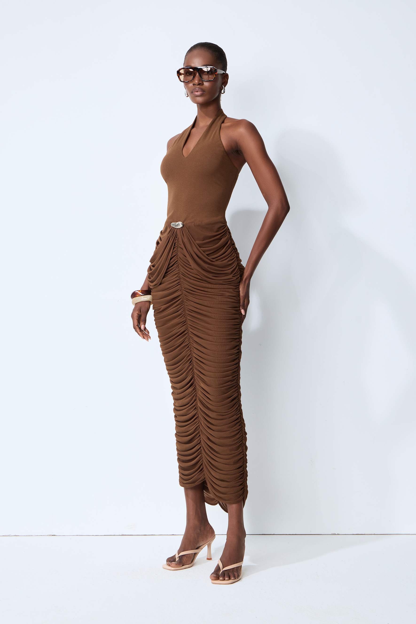 Compliment Me Brown Deep V Neck Ruched Maxi Dress