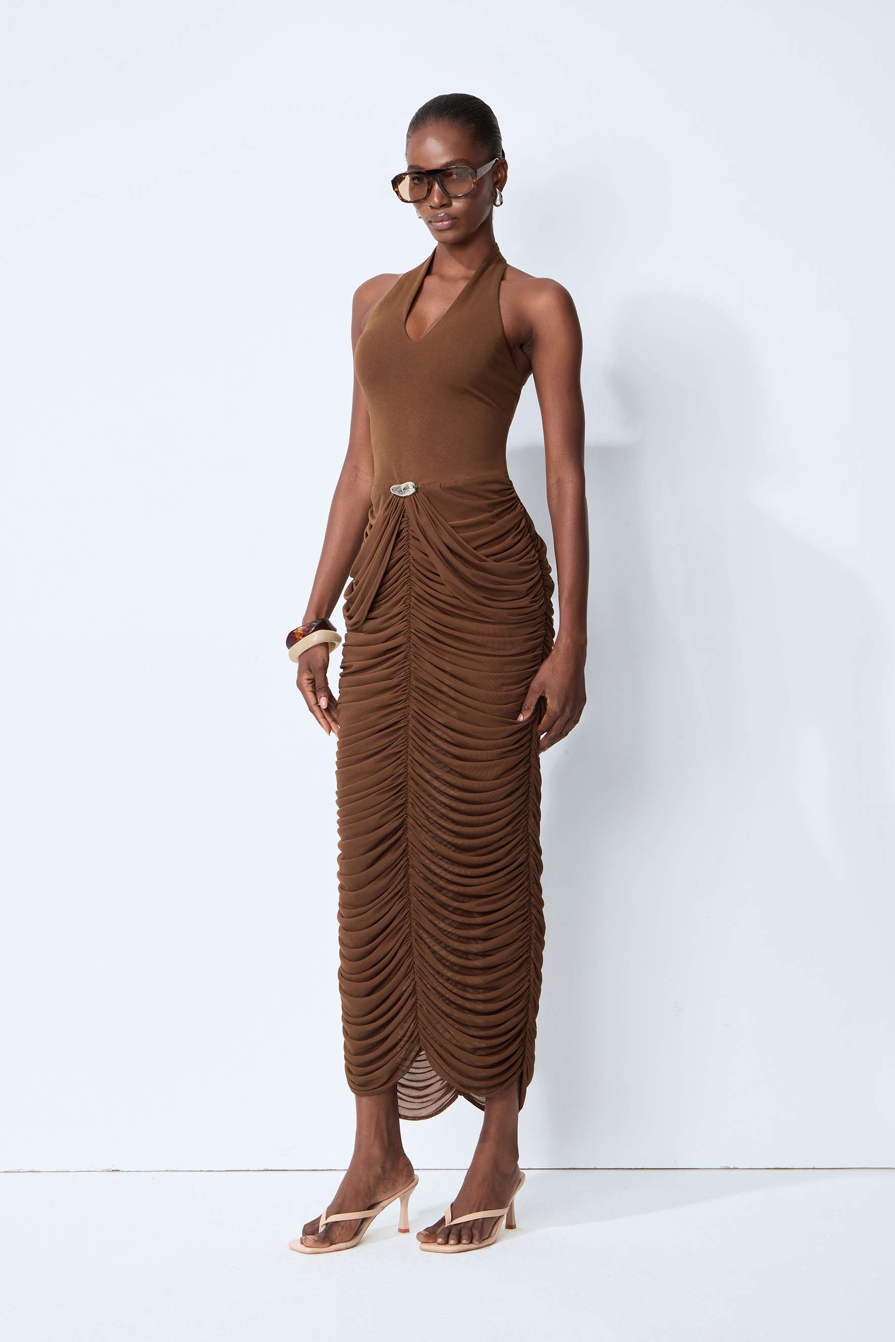 Compliment Me Brown Deep V Neck Ruched Maxi Dress