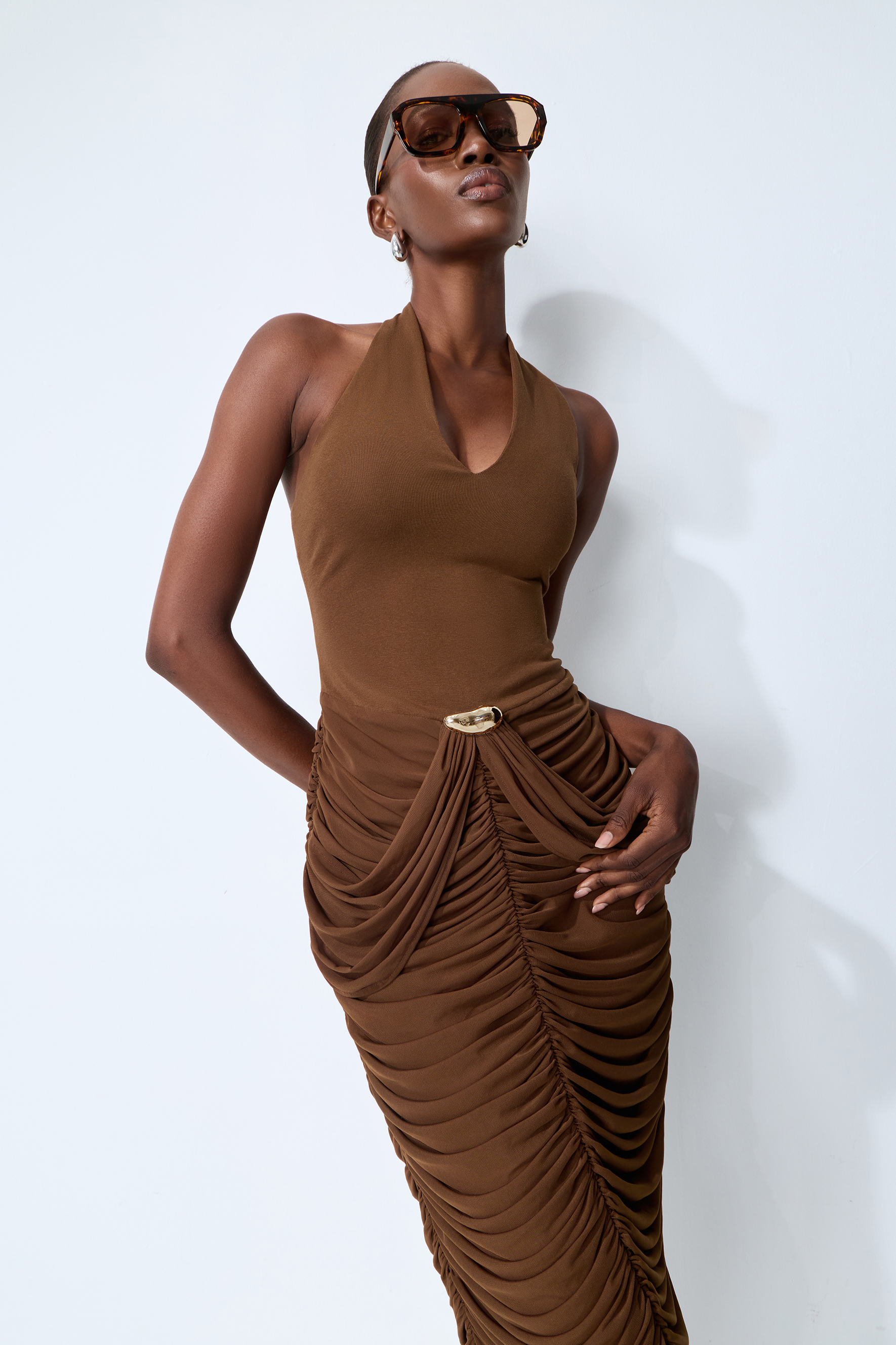 Compliment Me Brown Deep V Neck Ruched Maxi Dress
