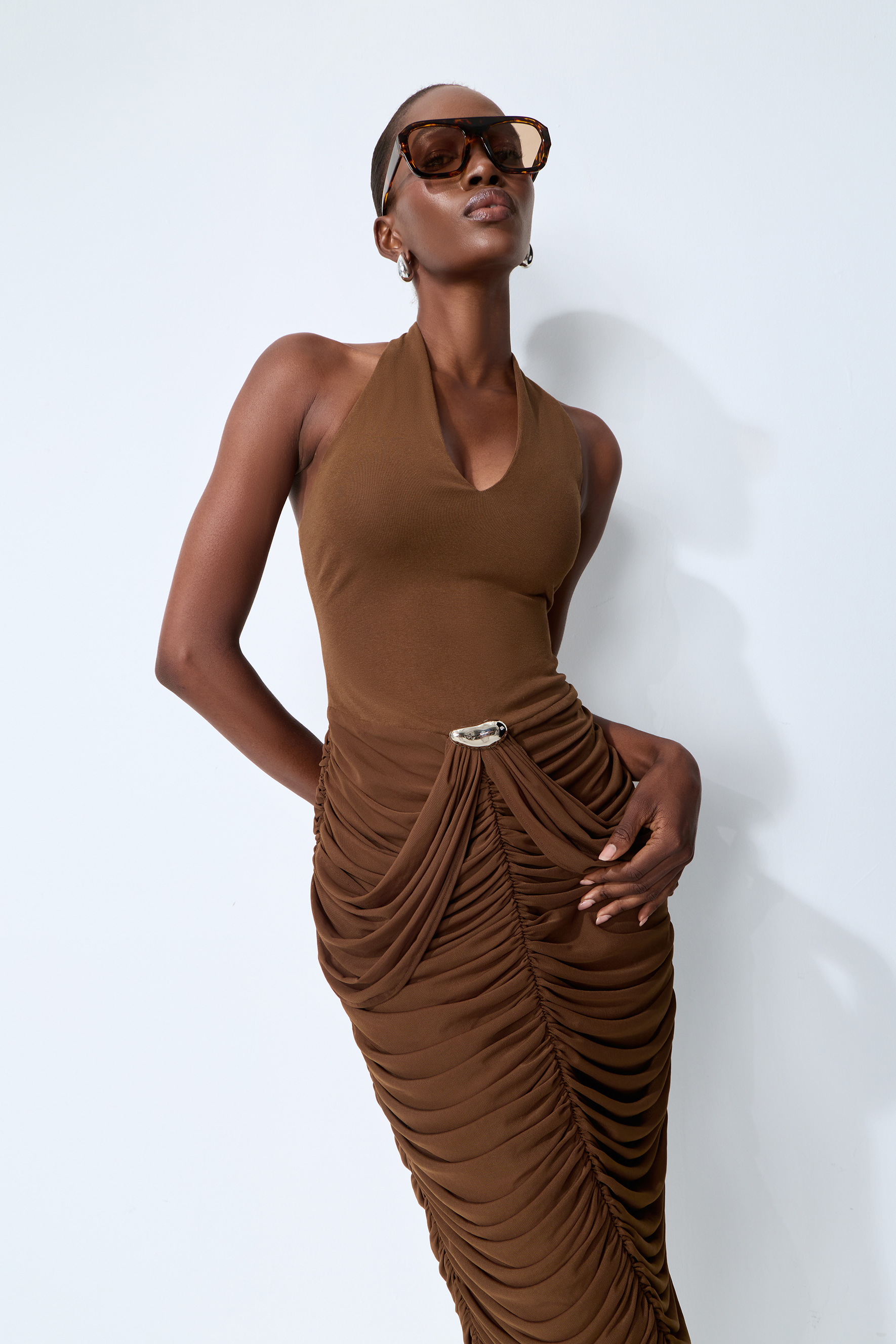 Compliment Me Brown Deep V Neck Ruched Maxi Dress