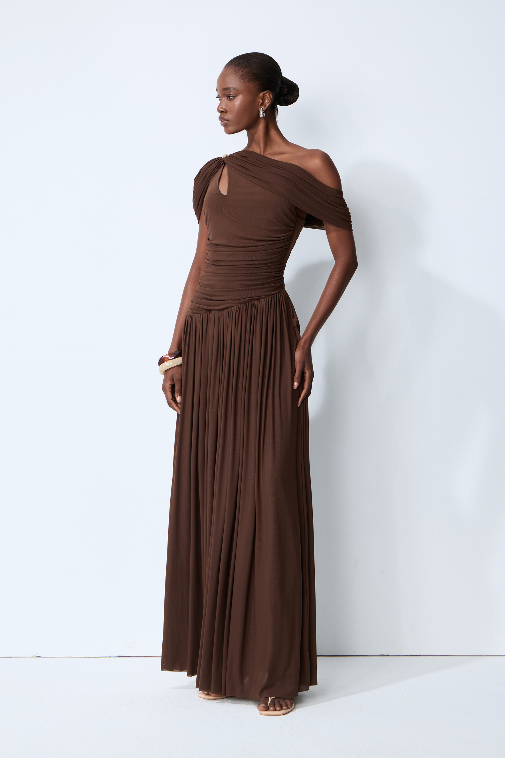 Lost After Dark Brown One Shoulder Cutout Maxi Dress
