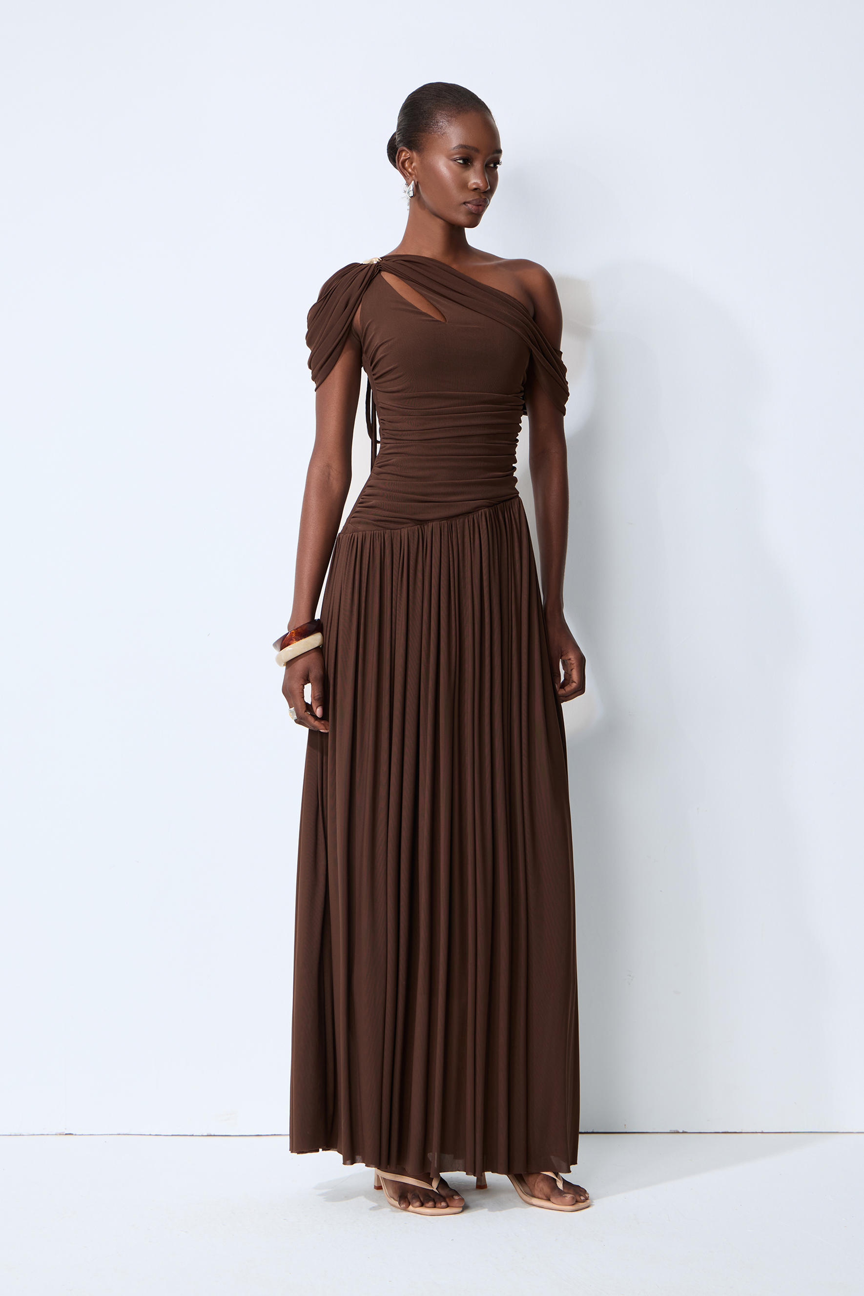 Lost After Dark Brown One Shoulder Cutout Maxi Dress