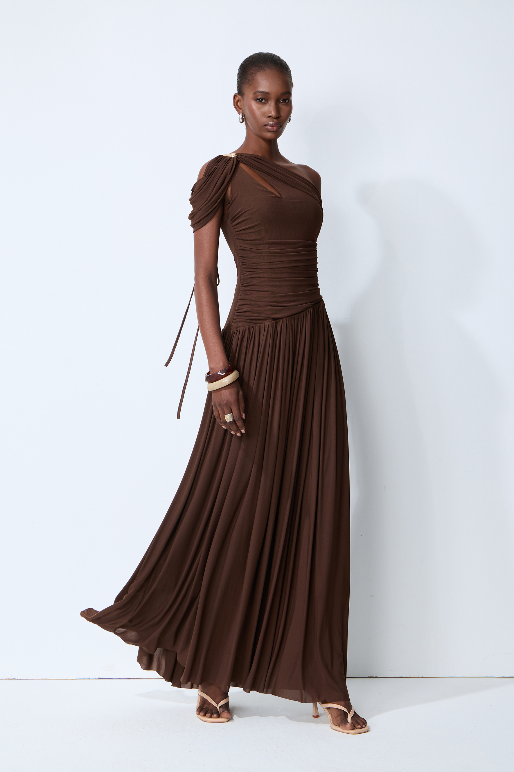 Lost After Dark Brown One Shoulder Cutout Maxi Dress