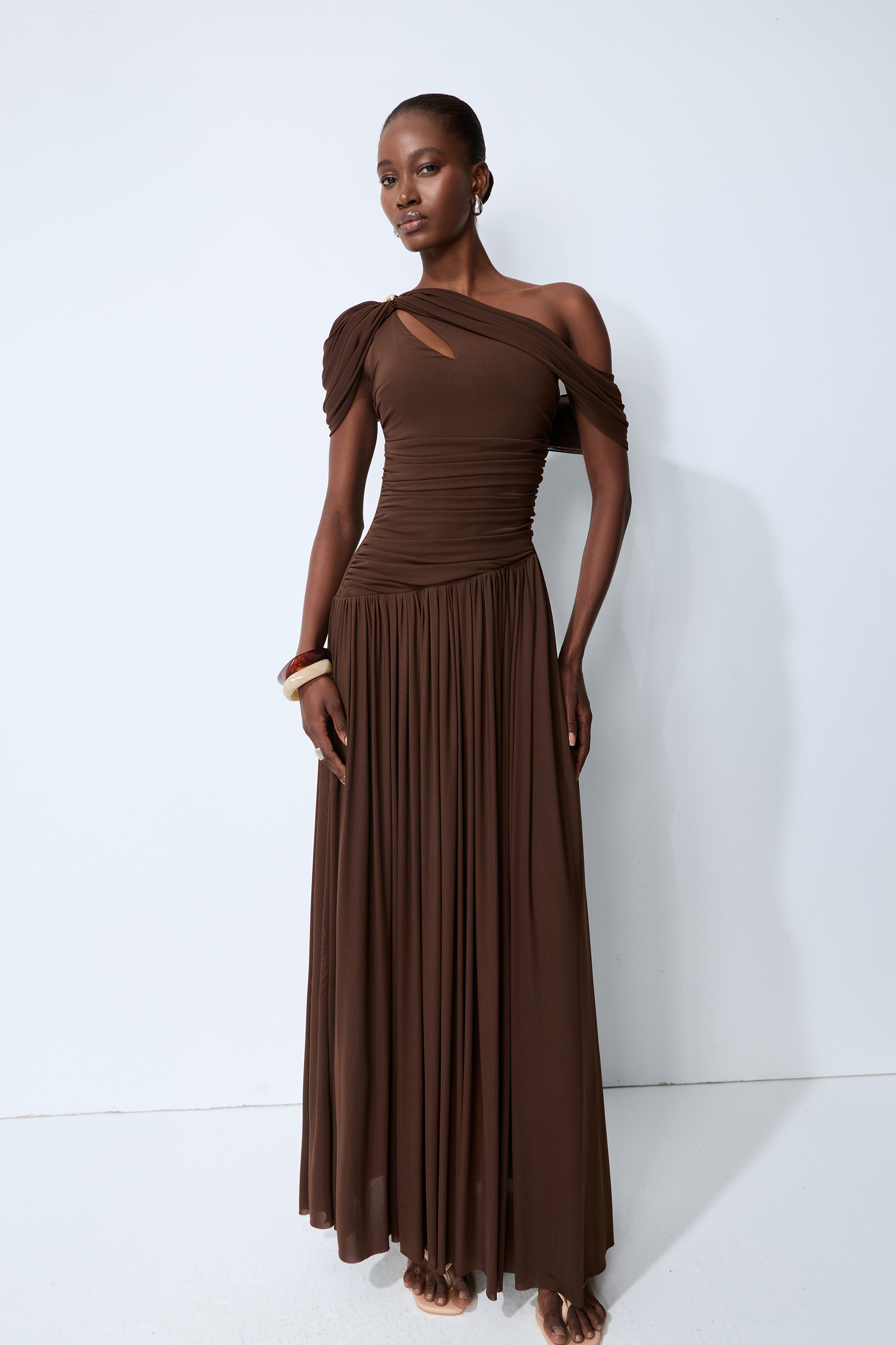 Lost After Dark Brown One Shoulder Cutout Maxi Dress