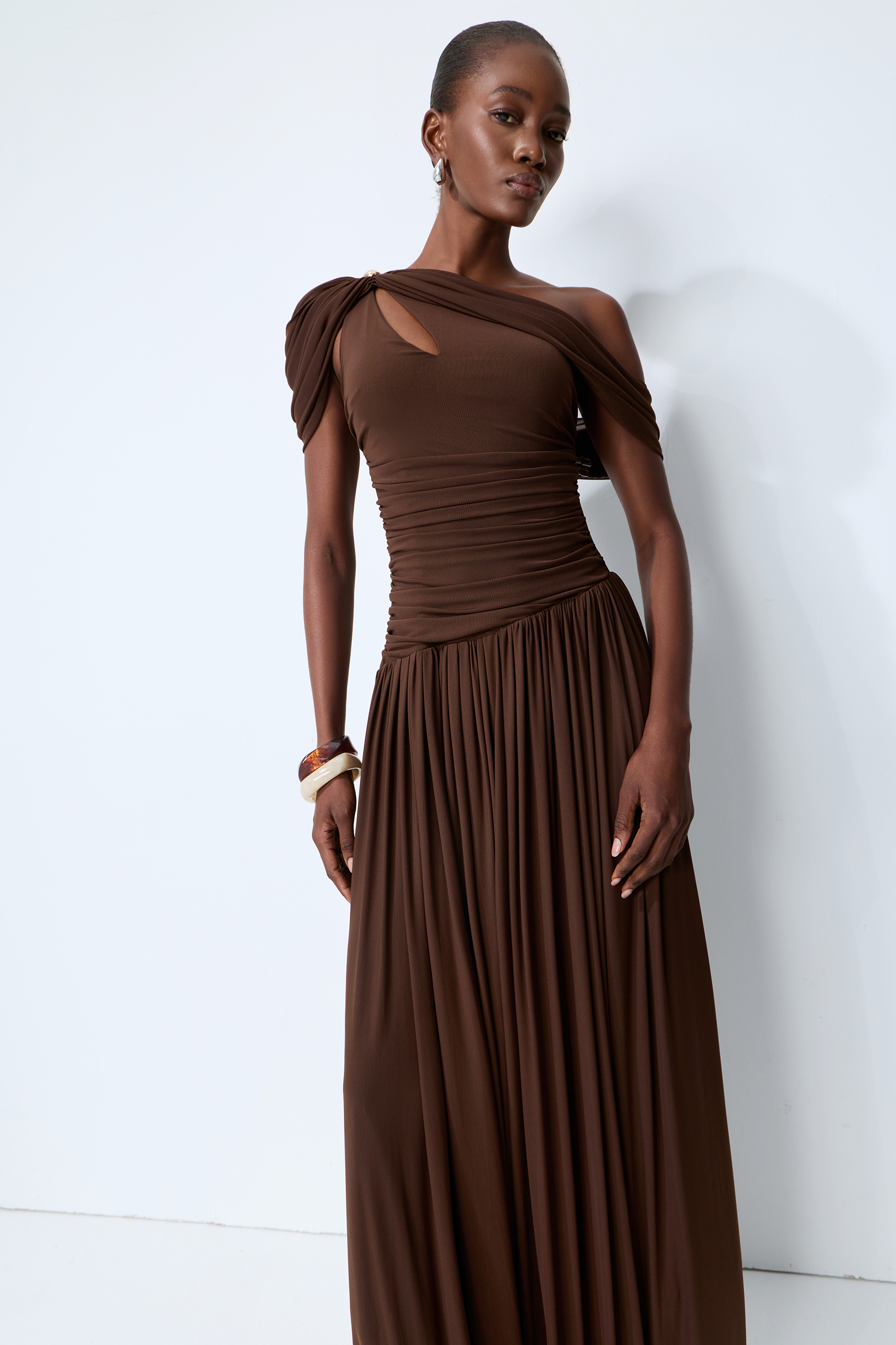 Lost After Dark Brown One Shoulder Cutout Maxi Dress