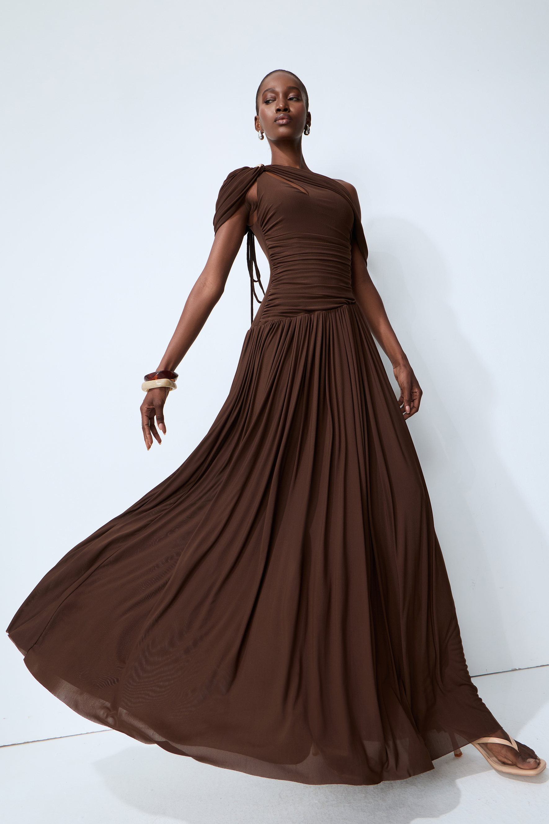 Lost After Dark Brown One Shoulder Cutout Maxi Dress