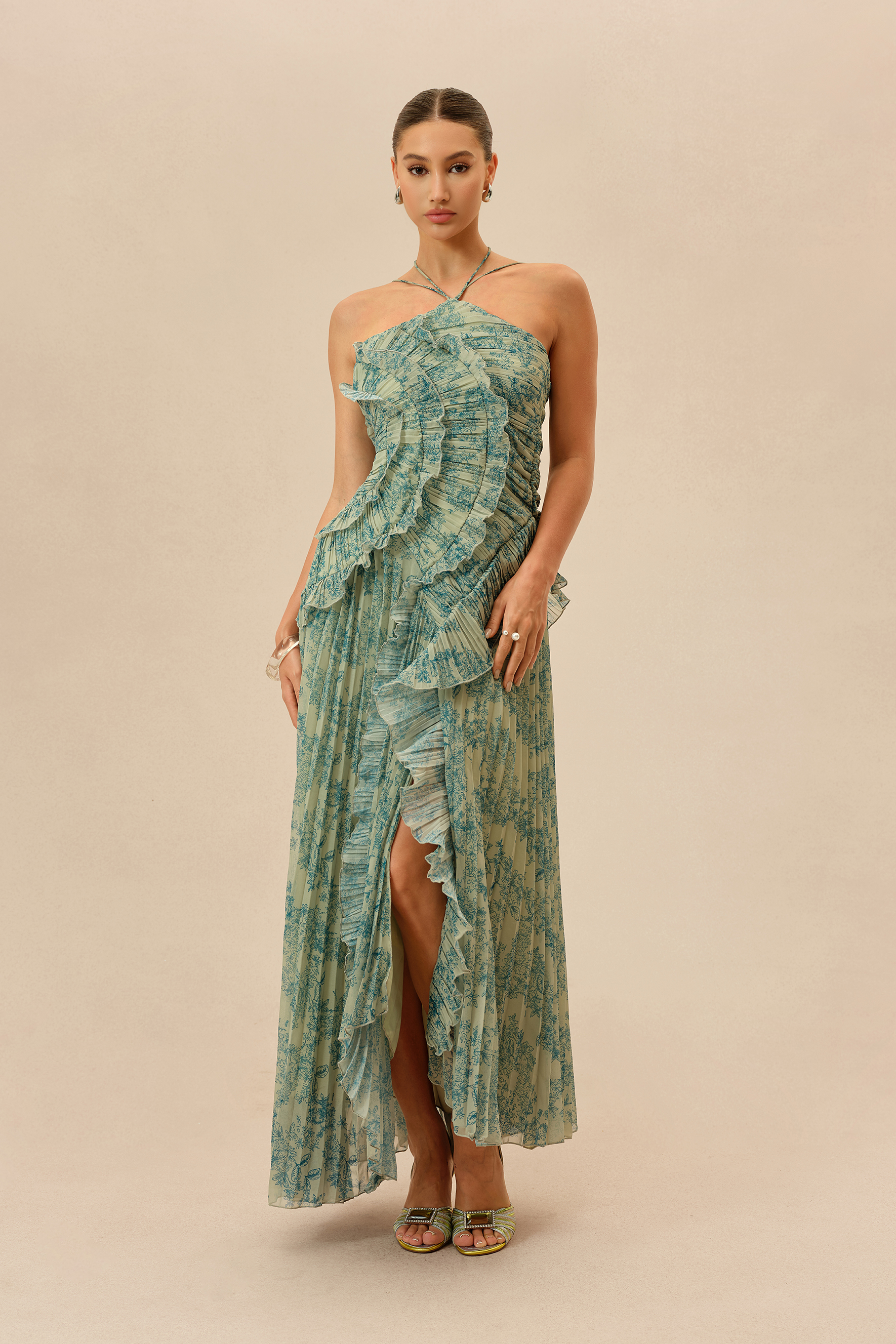 First Impression Dark Green Floral Print Ruffle Trim Maxi Dress
