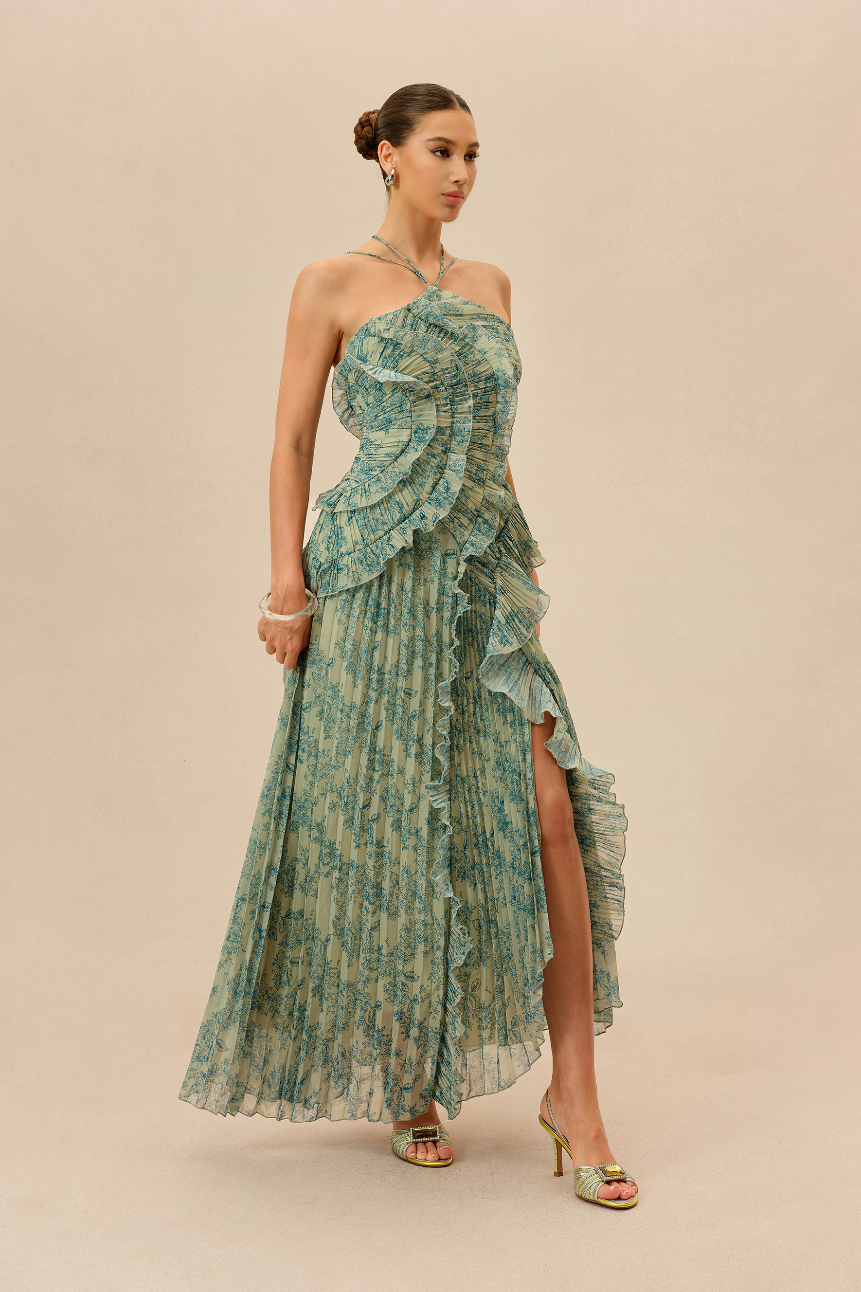 First Impression Dark Green Floral Print Ruffle Trim Maxi Dress