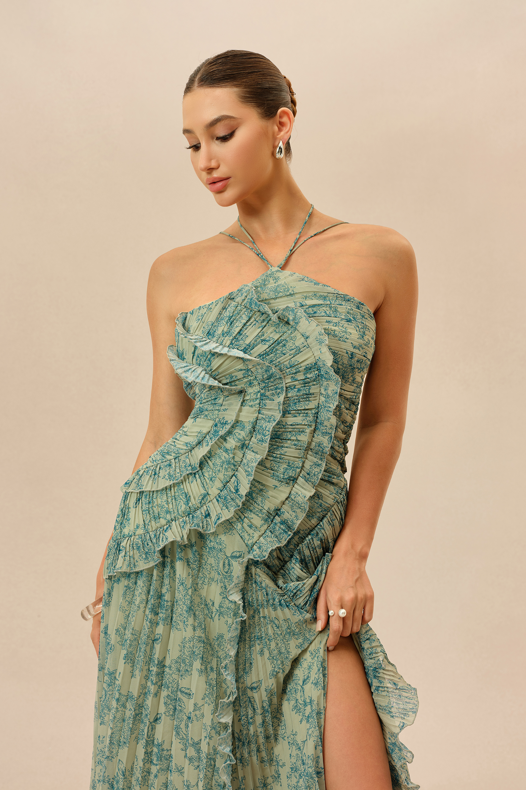 First Impression Dark Green Floral Print Ruffle Trim Maxi Dress