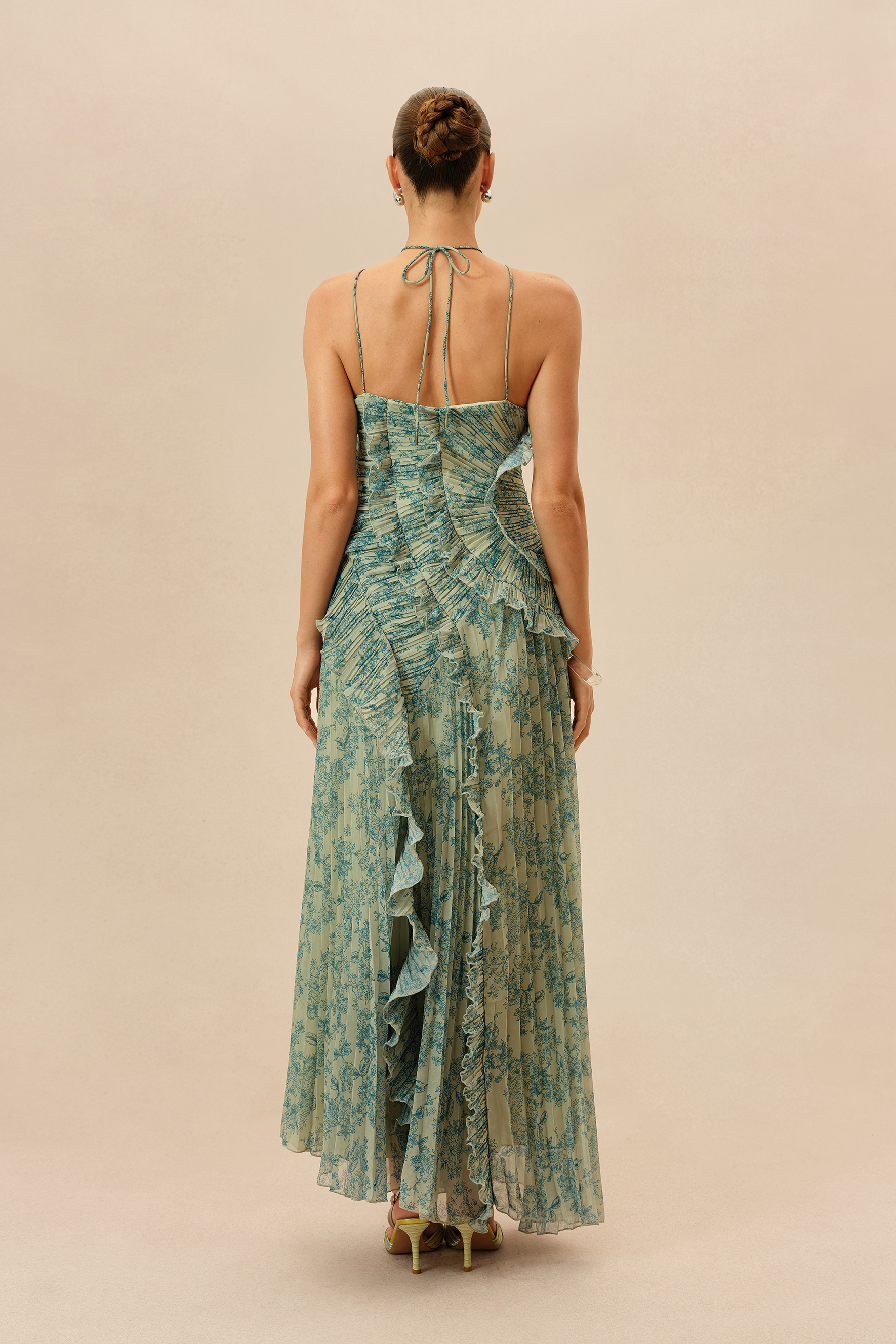 First Impression Dark Green Floral Print Ruffle Trim Maxi Dress