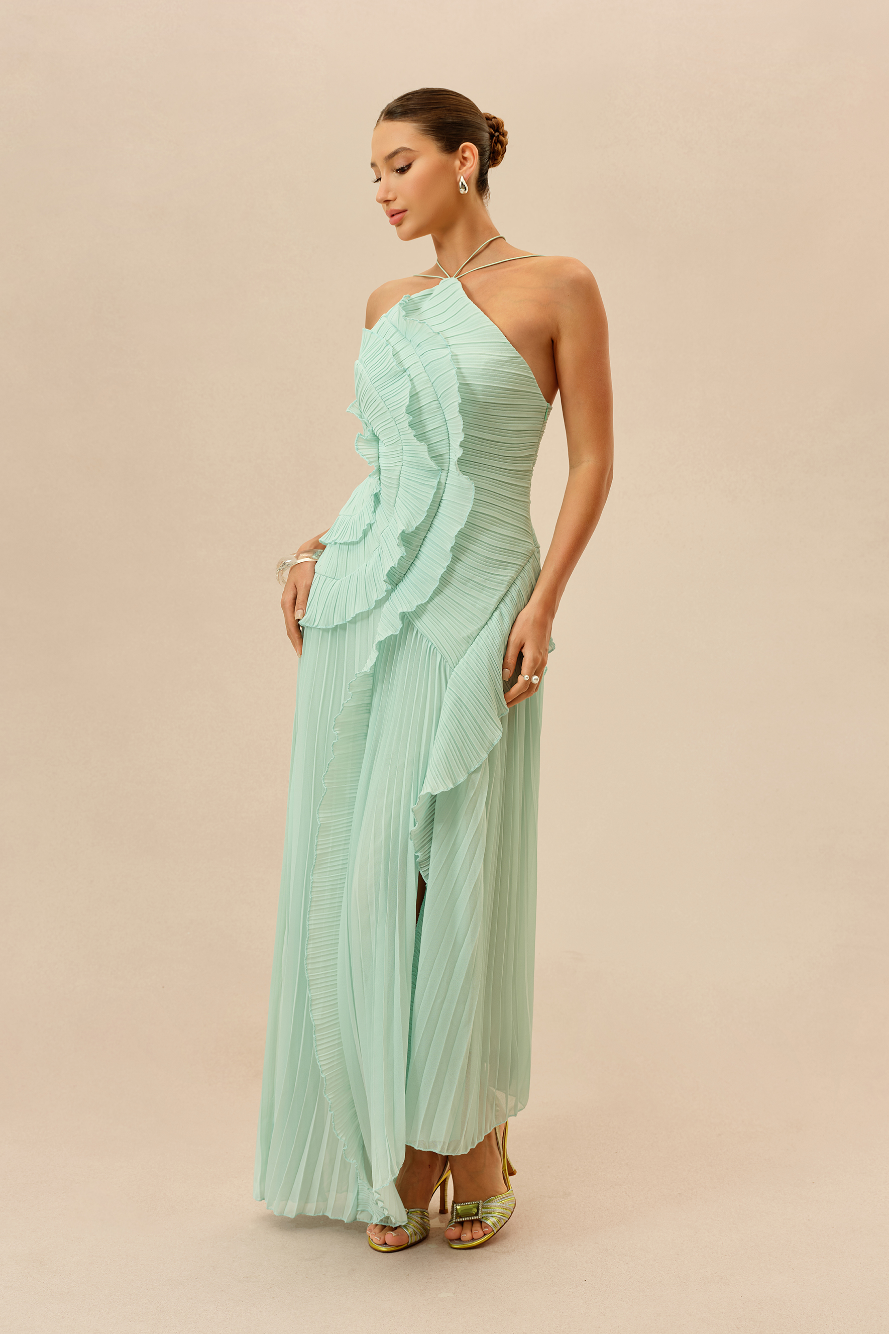 First Impression Mint Asymmetry Pleated Halterneck Maxi Dress