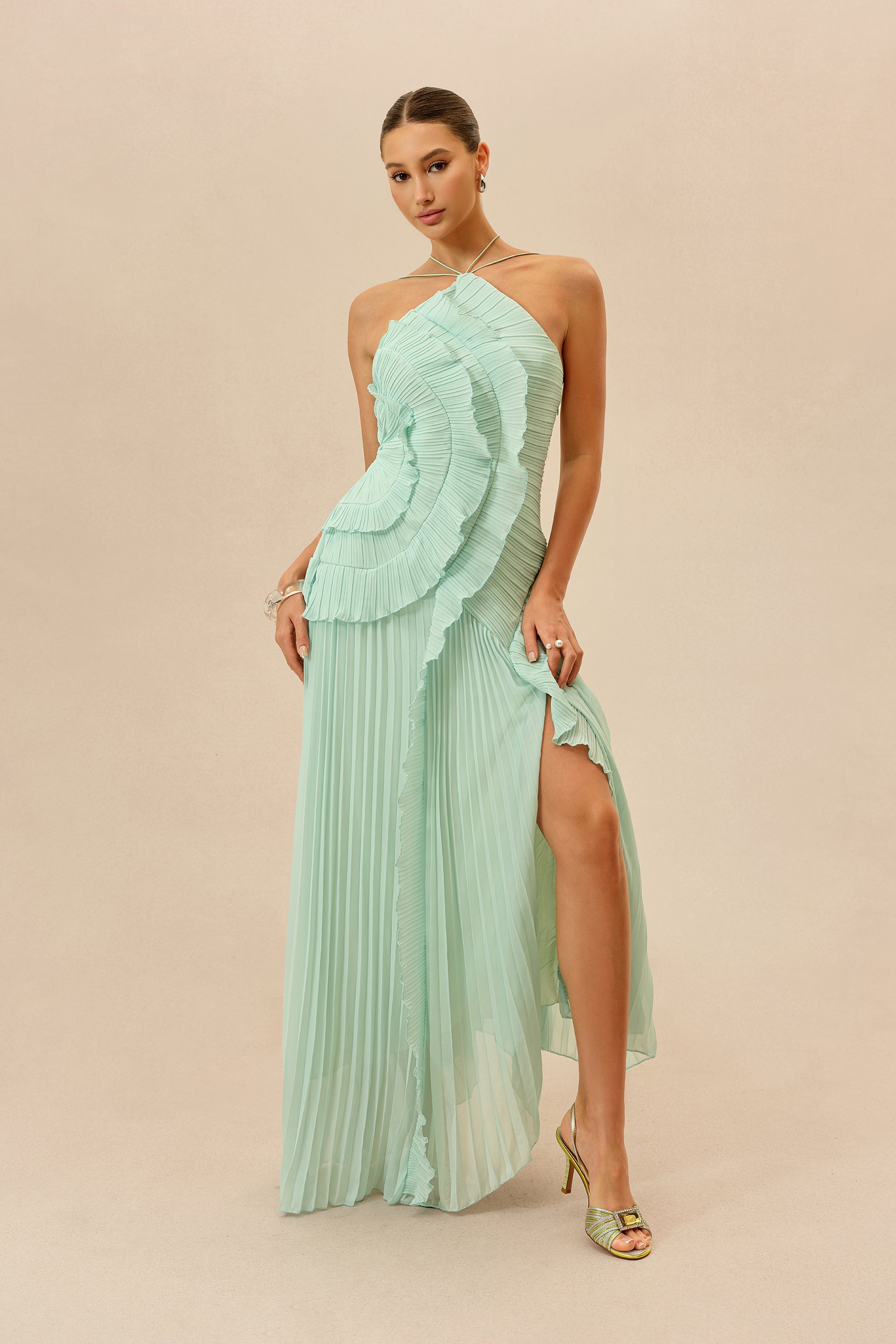 First Impression Mint Asymmetry Pleated Halterneck Maxi Dress