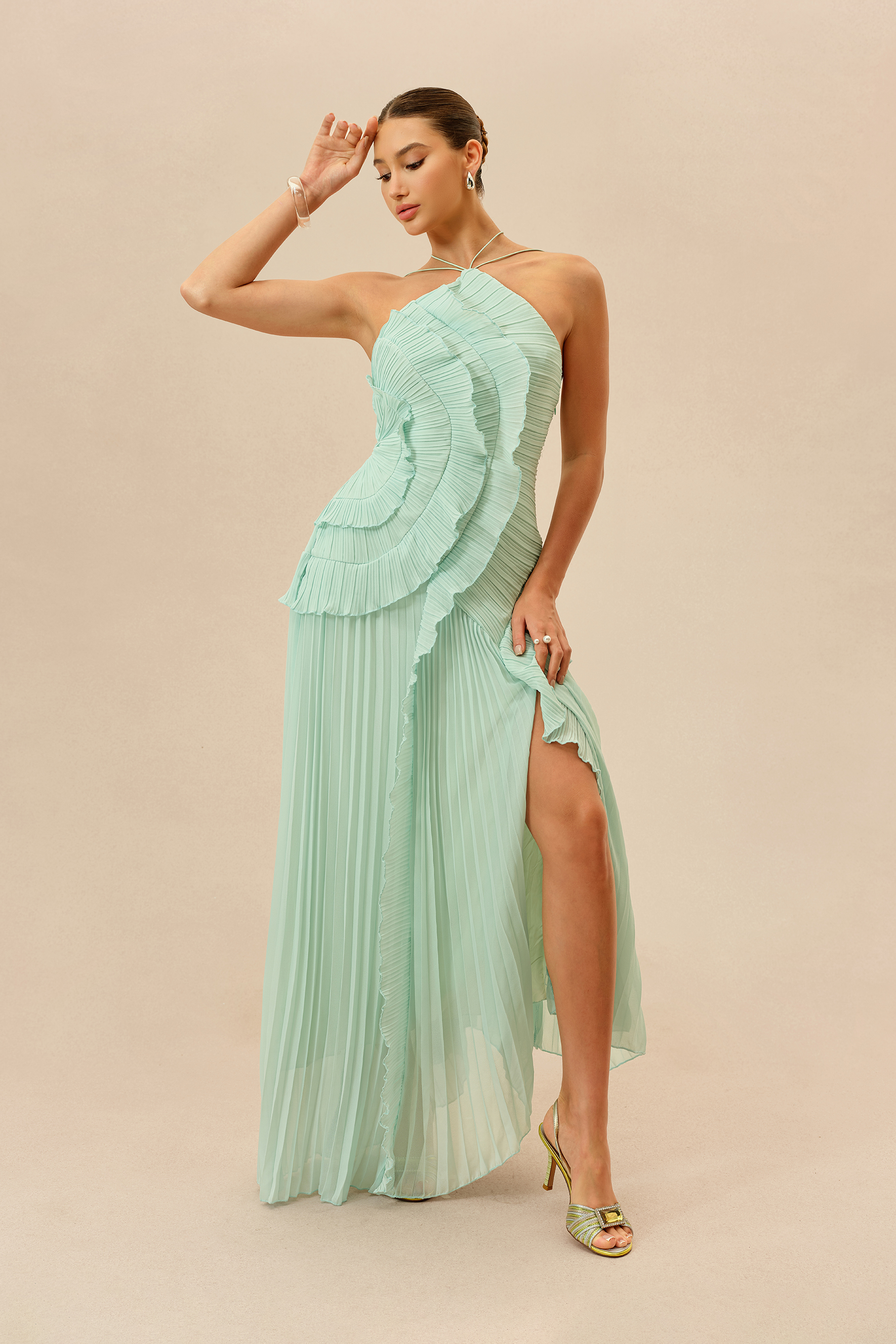 First Impression Mint Asymmetry Pleated Halterneck Maxi Dress