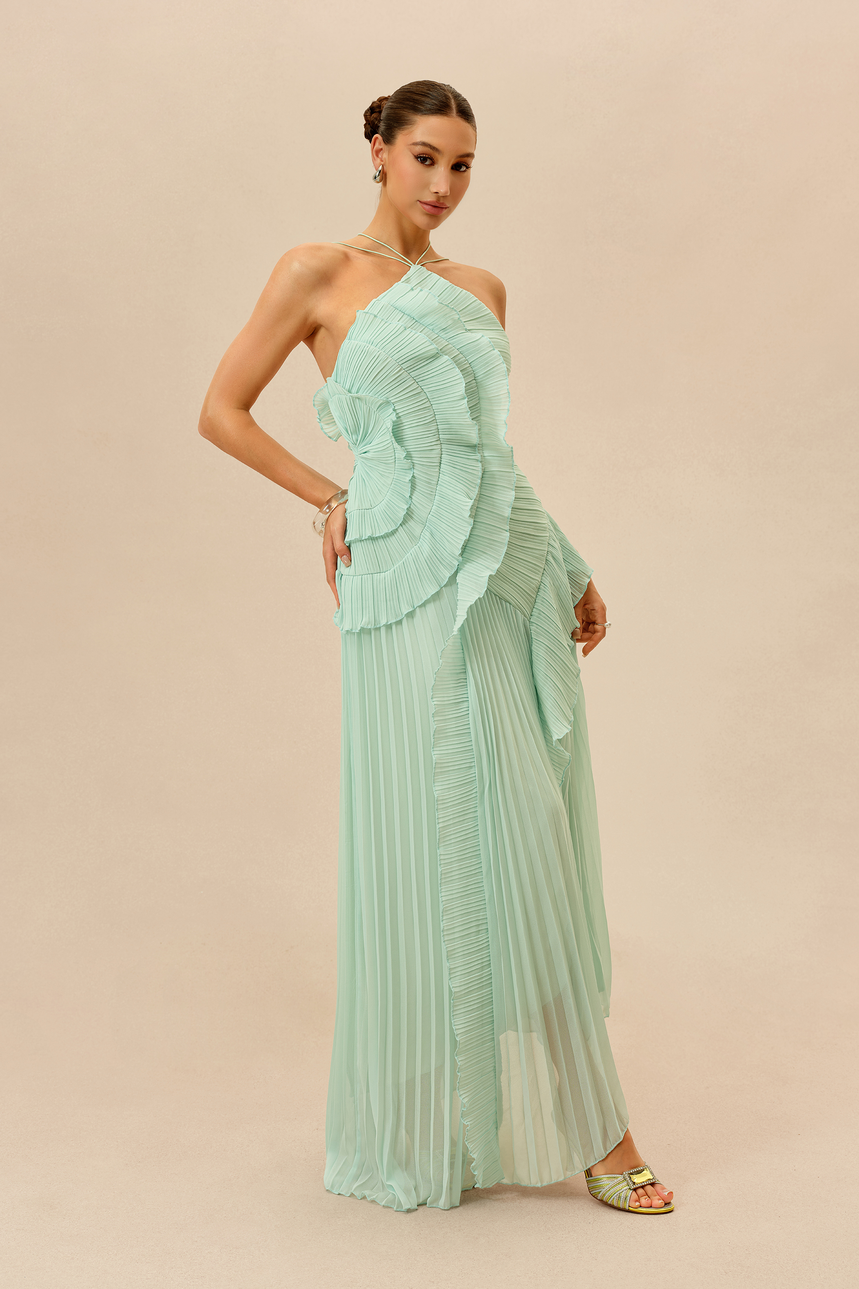 First Impression Mint Asymmetry Pleated Halterneck Maxi Dress