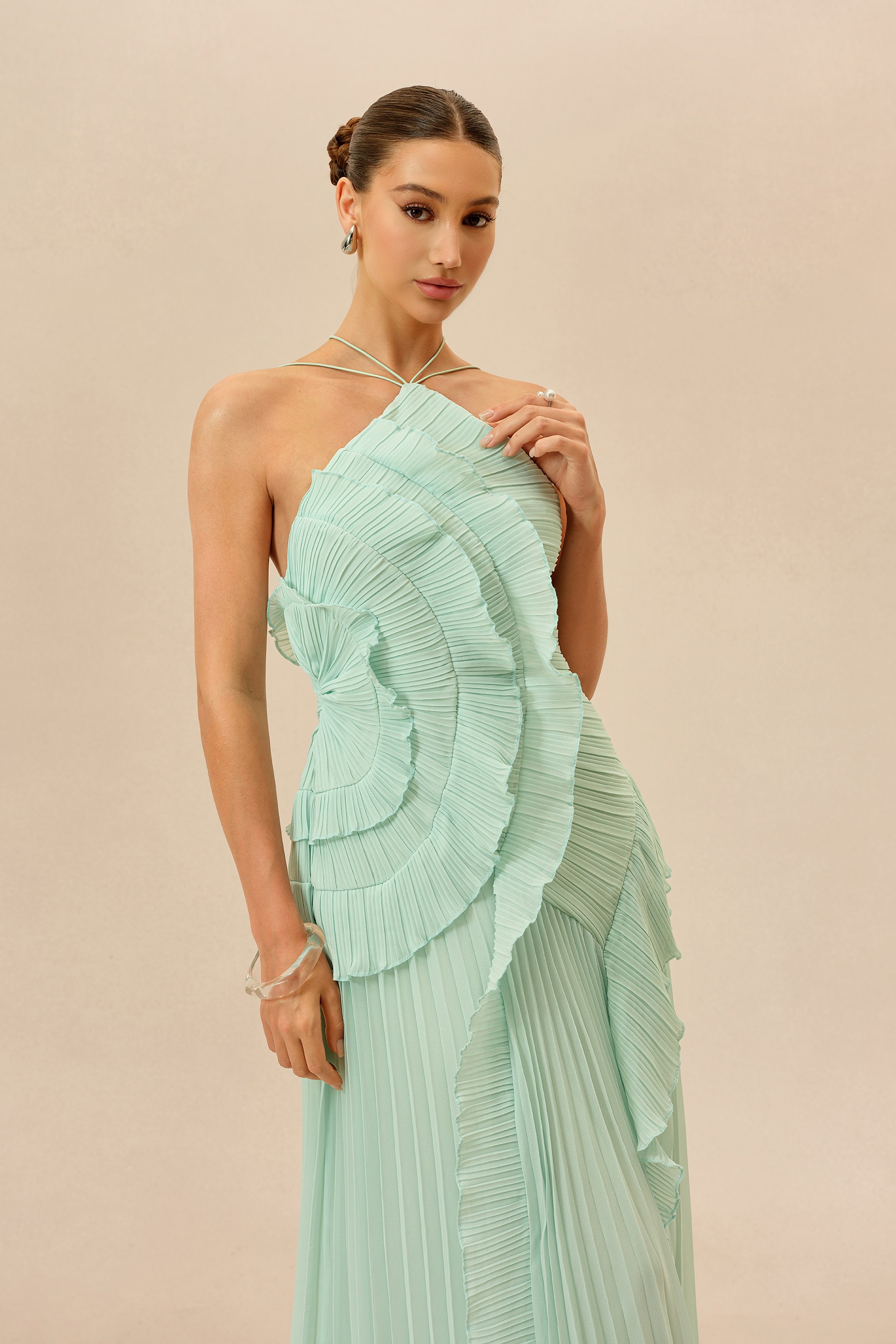 First Impression Mint Asymmetry Pleated Halterneck Maxi Dress