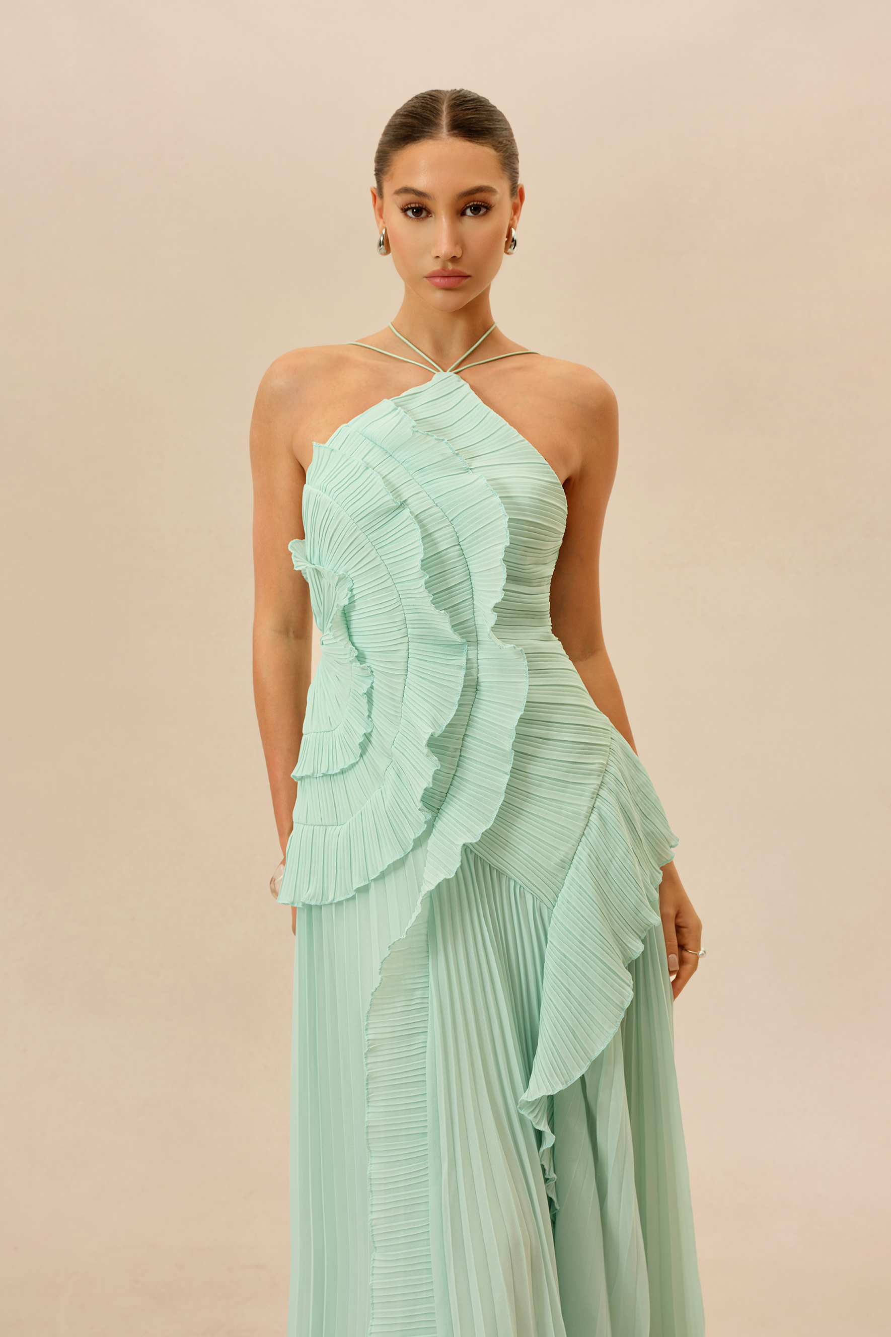 First Impression Mint Asymmetry Pleated Halterneck Maxi Dress