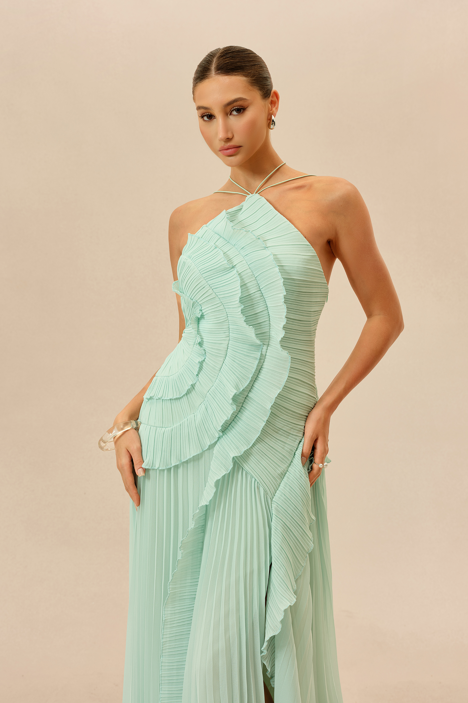 First Impression Mint Asymmetry Pleated Halterneck Maxi Dress