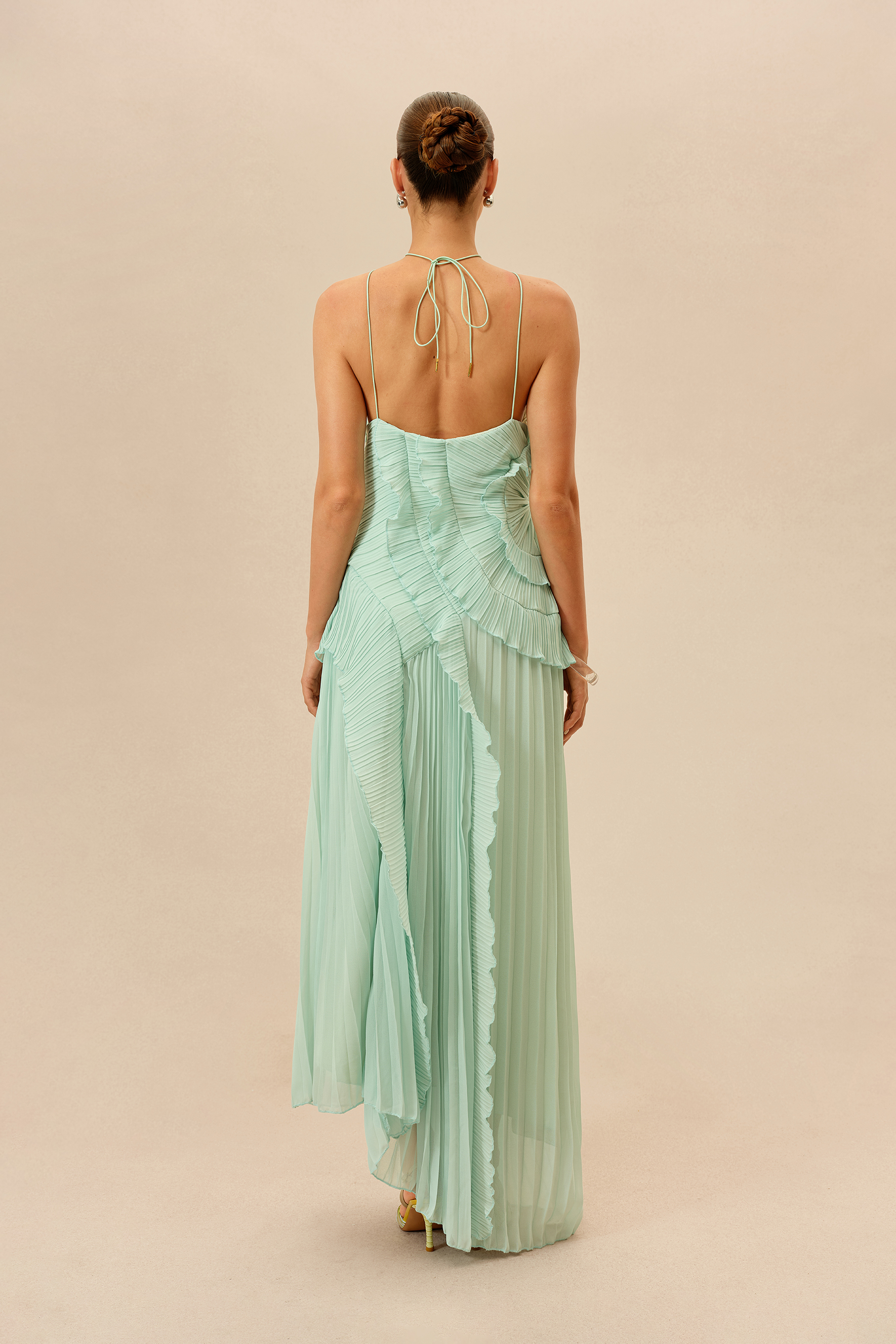 First Impression Mint Asymmetry Pleated Halterneck Maxi Dress