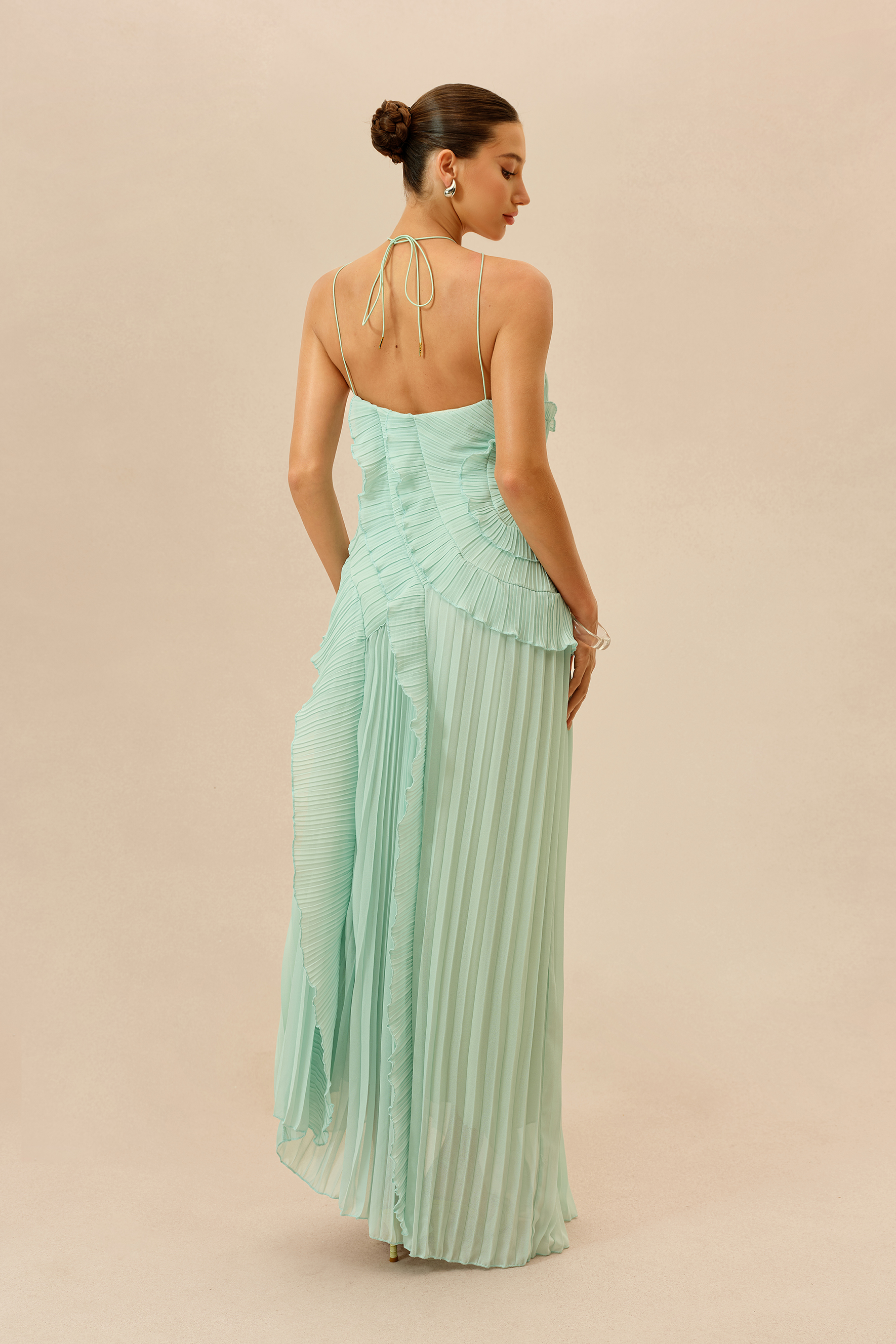 First Impression Mint Asymmetry Pleated Halterneck Maxi Dress