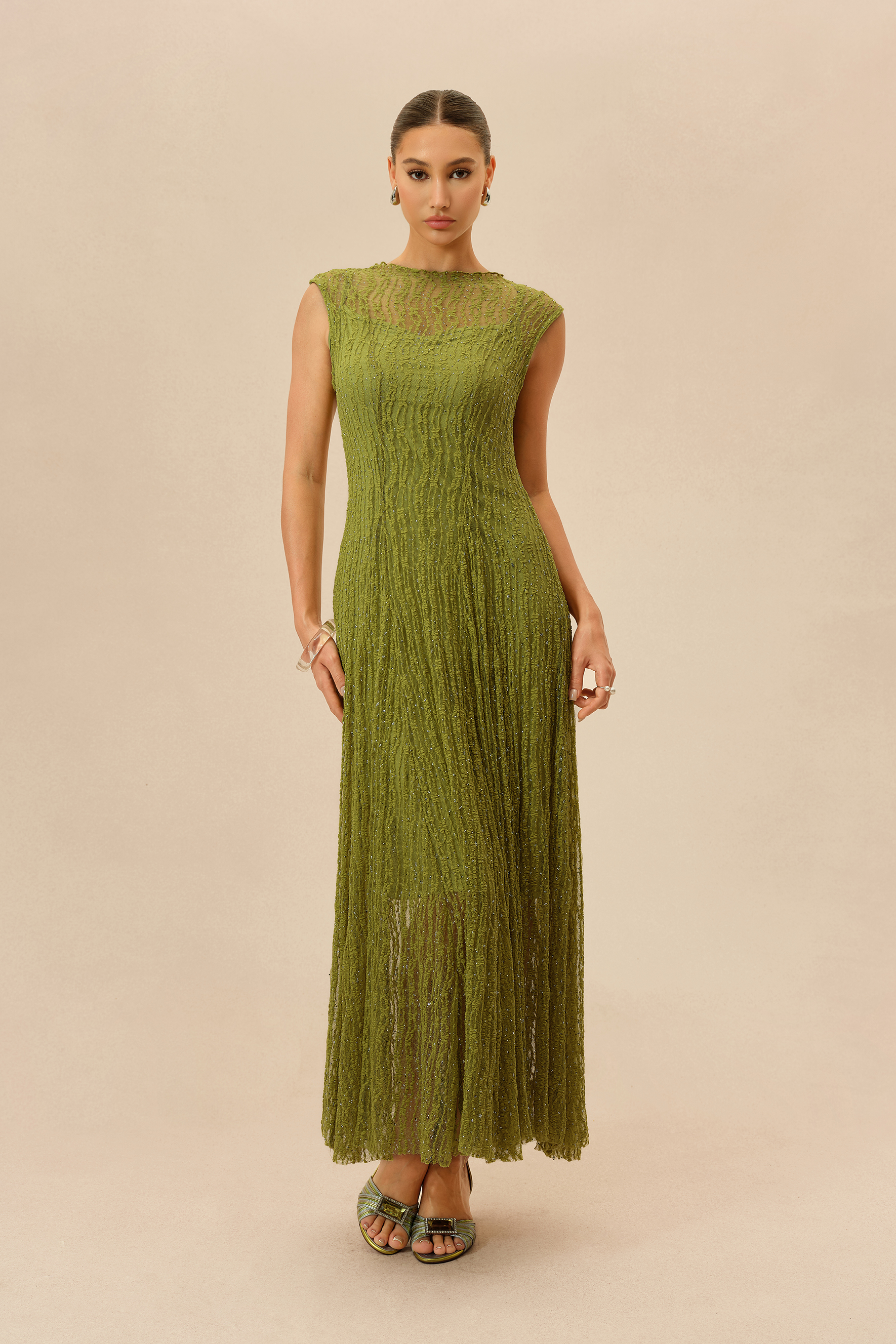 Quiet Moment Olive Rhinestone Embellished Semi-sheer Maxi Dress