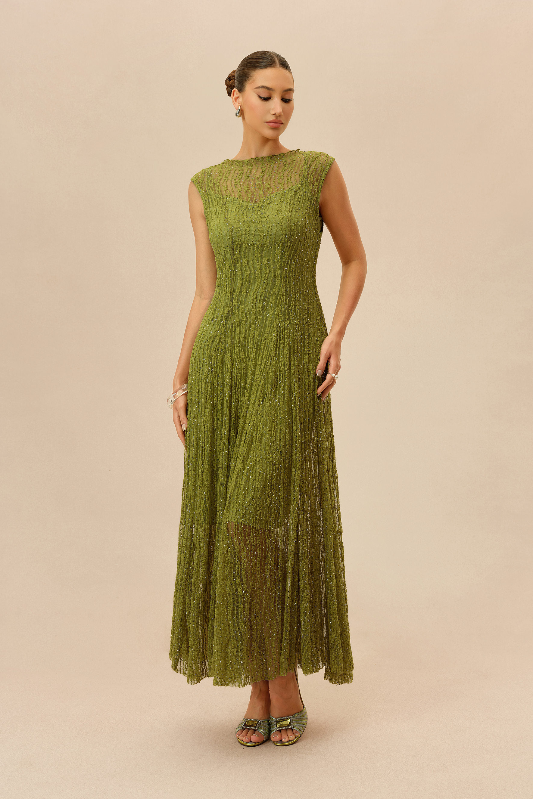 Quiet Moment Olive Rhinestone Embellished Semi-sheer Maxi Dress