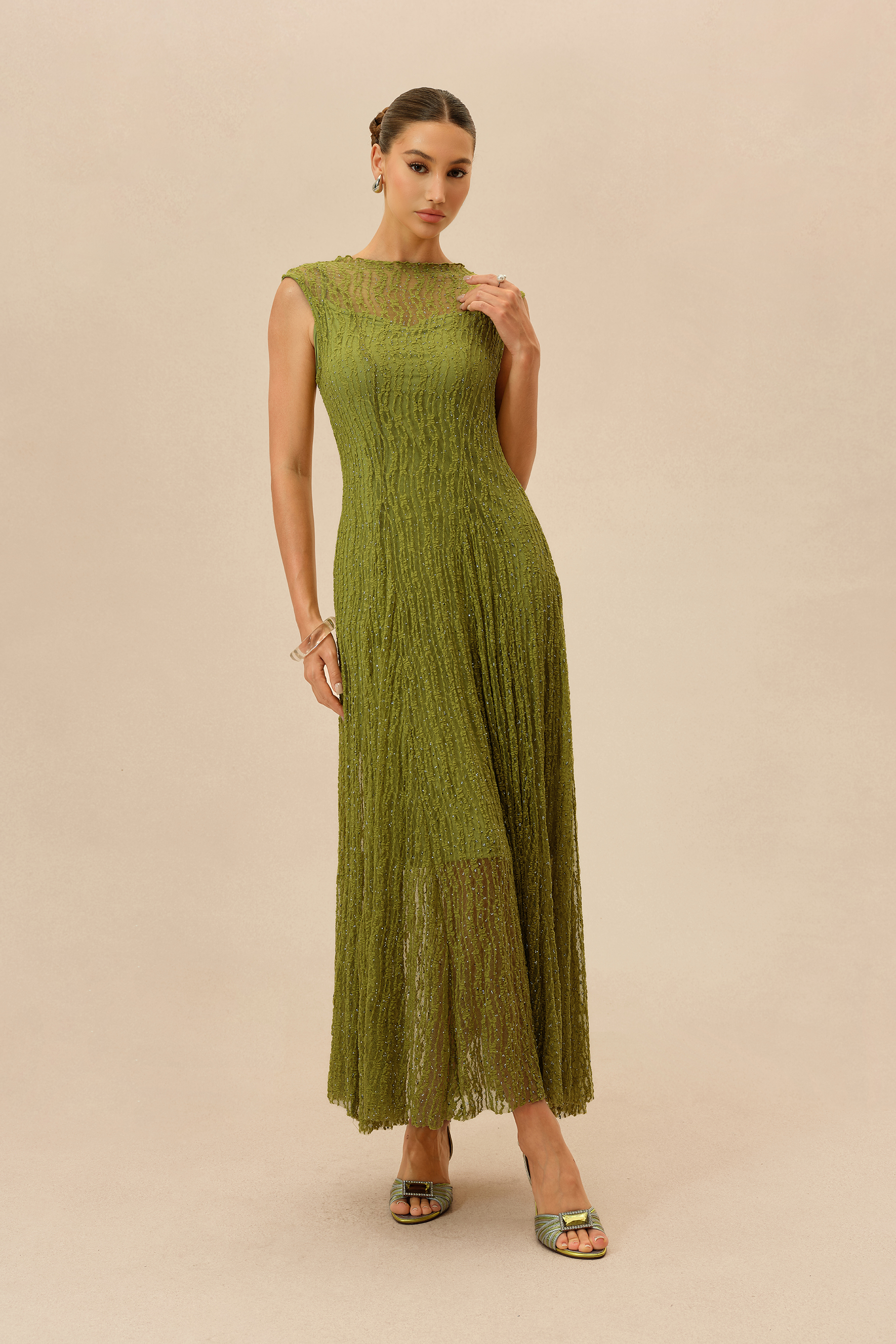 Quiet Moment Olive Rhinestone Embellished Semi-sheer Maxi Dress