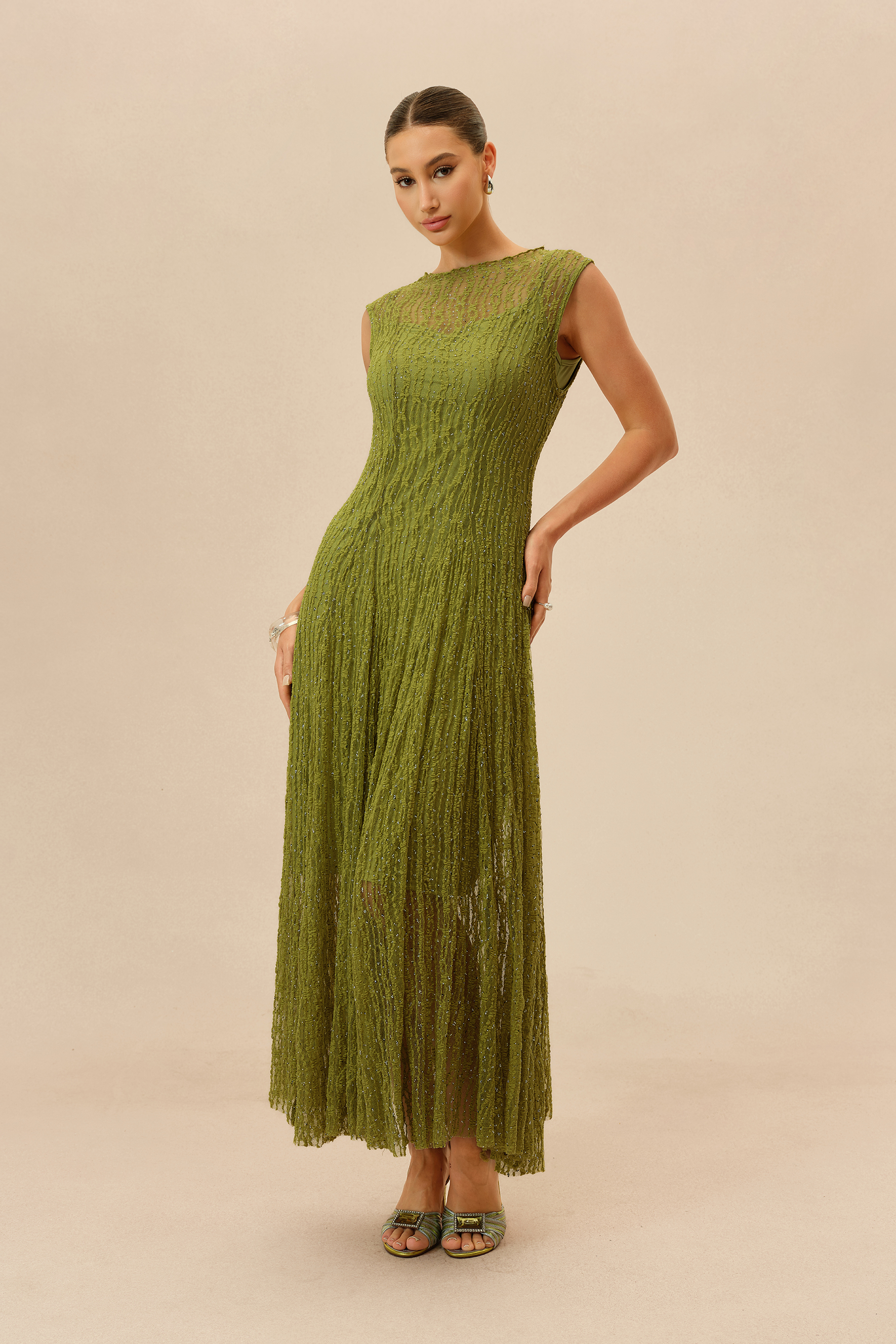 Quiet Moment Olive Rhinestone Embellished Semi-sheer Maxi Dress