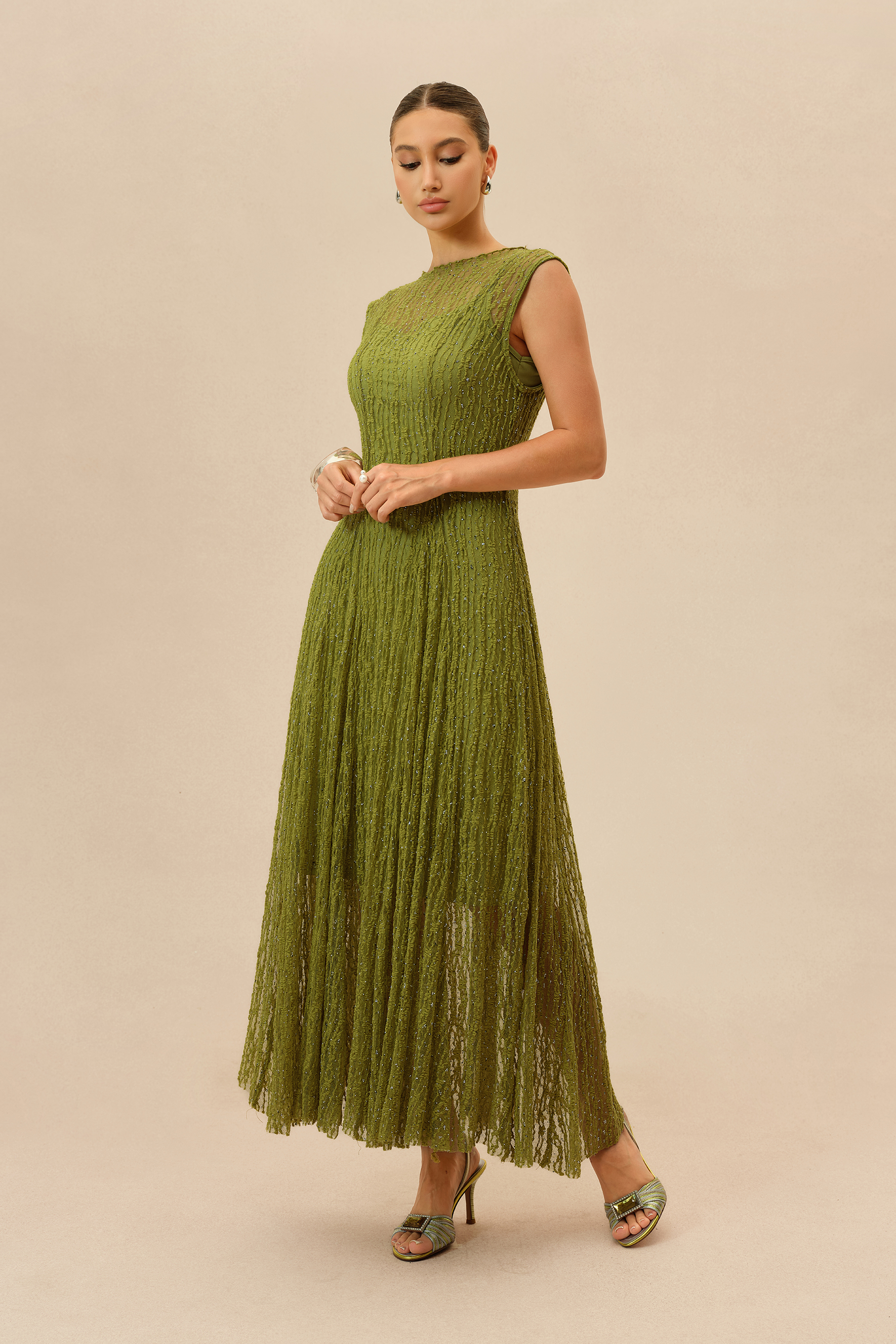 Quiet Moment Olive Rhinestone Embellished Semi-sheer Maxi Dress